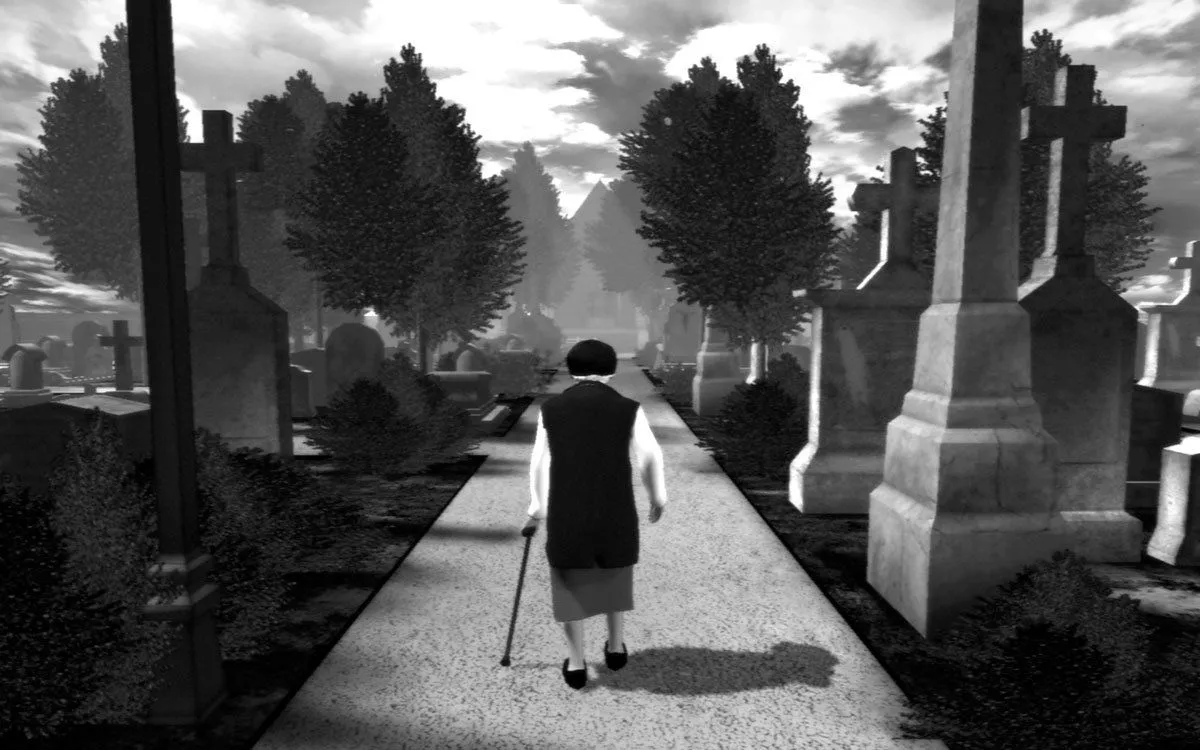 Hình ảnh từ trò chơi The Graveyard, hiển thị một bà lão đang đi bộ qua một nghĩa trang dưới ánh hoàng hôn