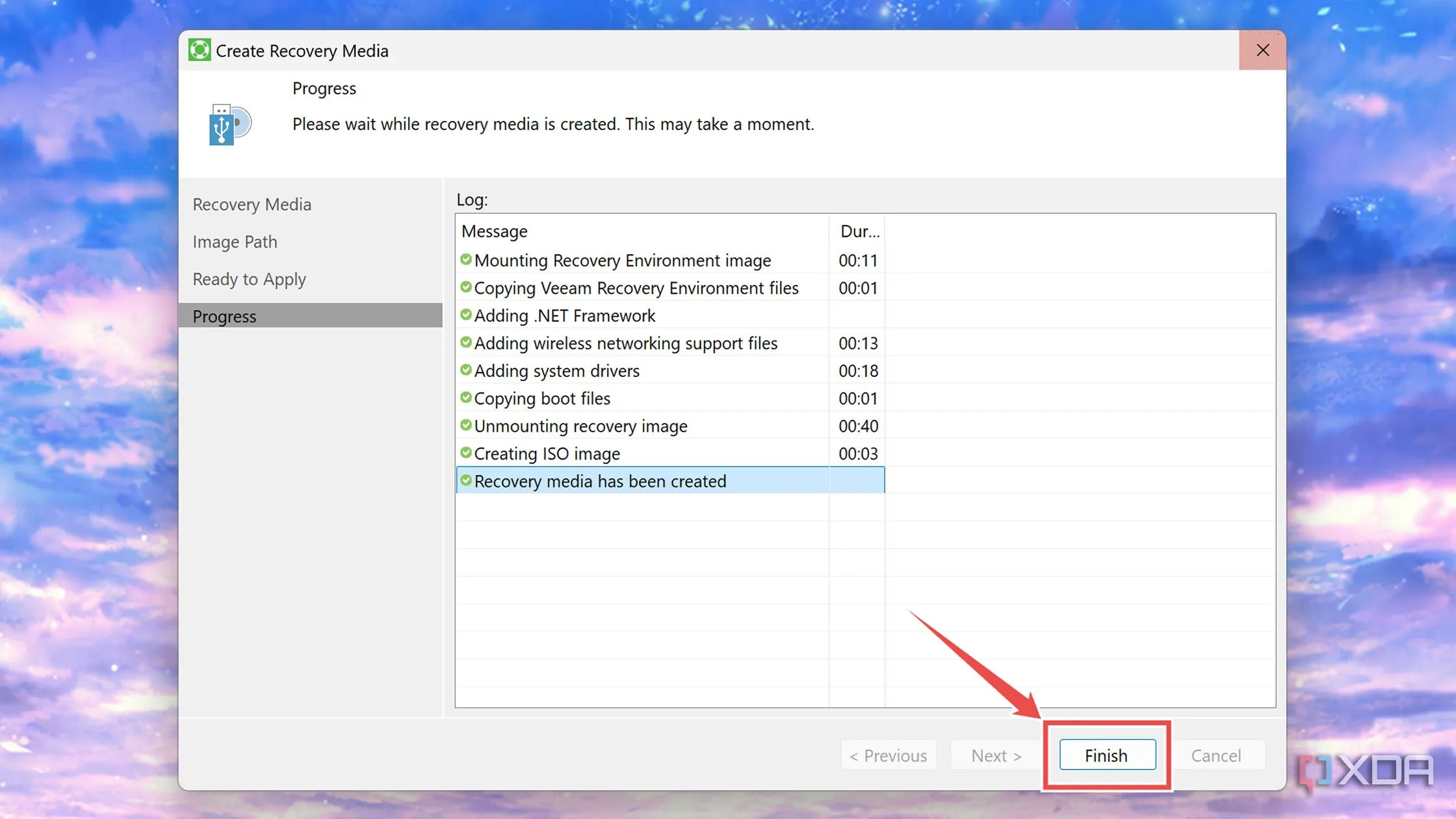 Hoàn tất quá trình tạo ảnh phục hồi Veeam Backup Agent.