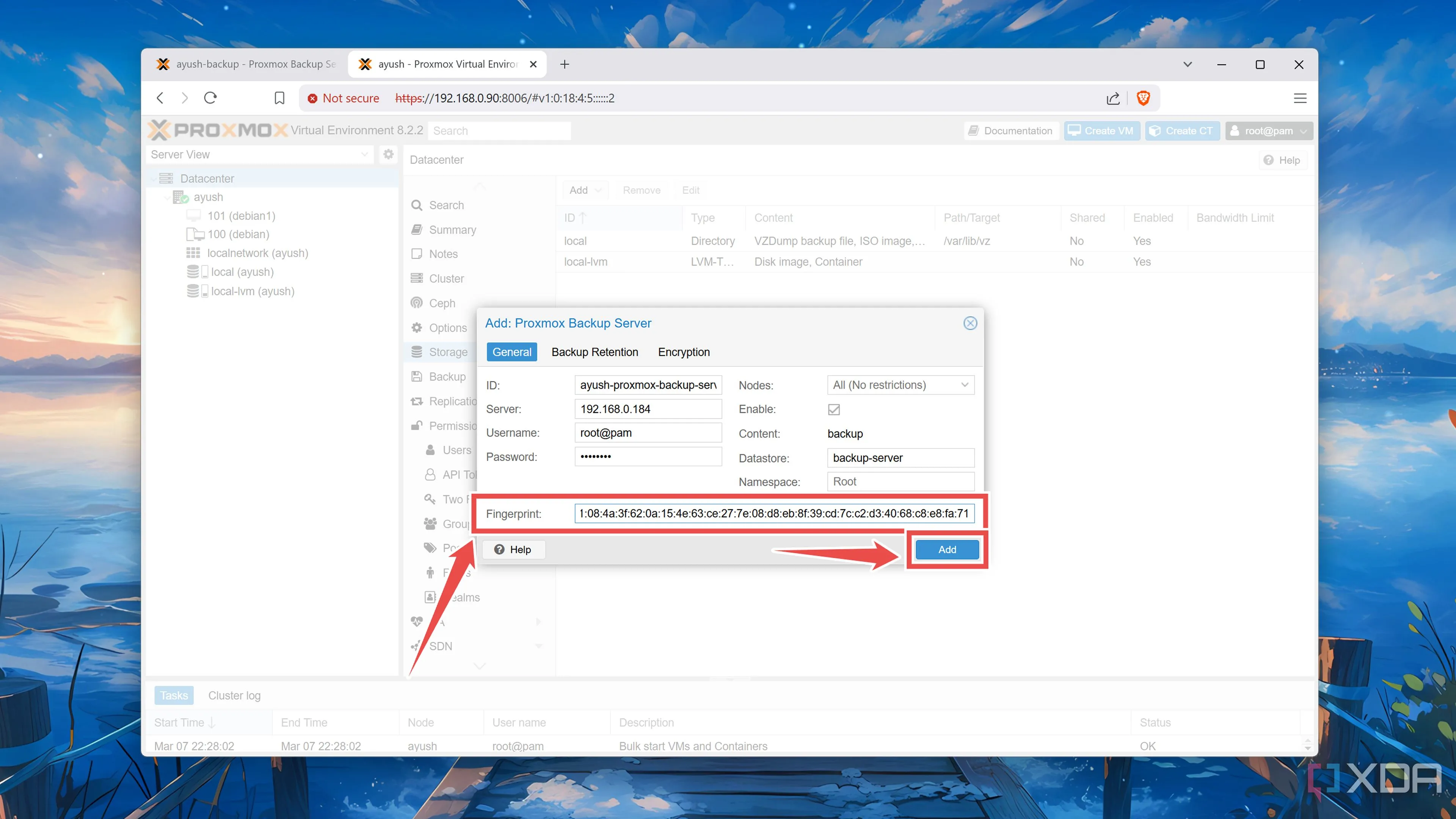 Hoàn tất việc thêm Proxmox Backup Server vào Proxmox VE bằng cách nhập mã vân tay đã lấy