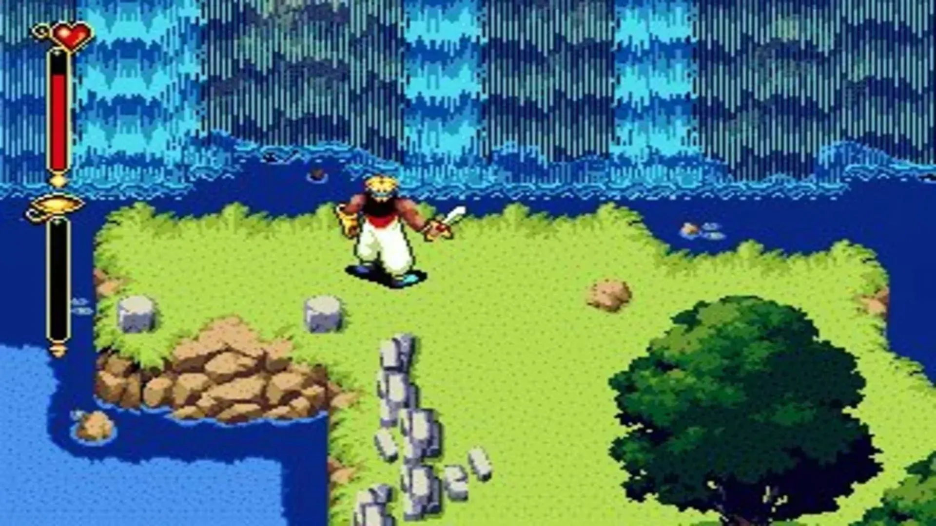 Hoàng tử Ali khám phá thế giới rộng lớn trong game Beyond Oasis trên Sega Genesis, một game nhập vai hành động cổ điển đầy ma thuật