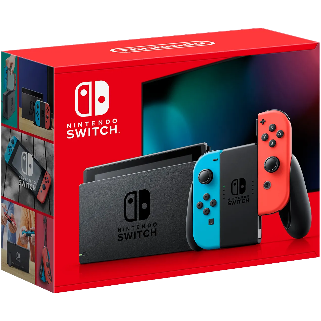 Hộp bán lẻ của máy Nintendo Switch màu Neon với Joy-Con xanh và đỏ
