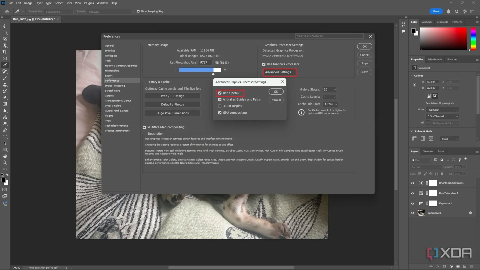 Hộp thoại Advanced Graphics Processor Settings trong Photoshop, hiển thị tùy chọn Use OpenCL để tận dụng sức mạnh GPU.