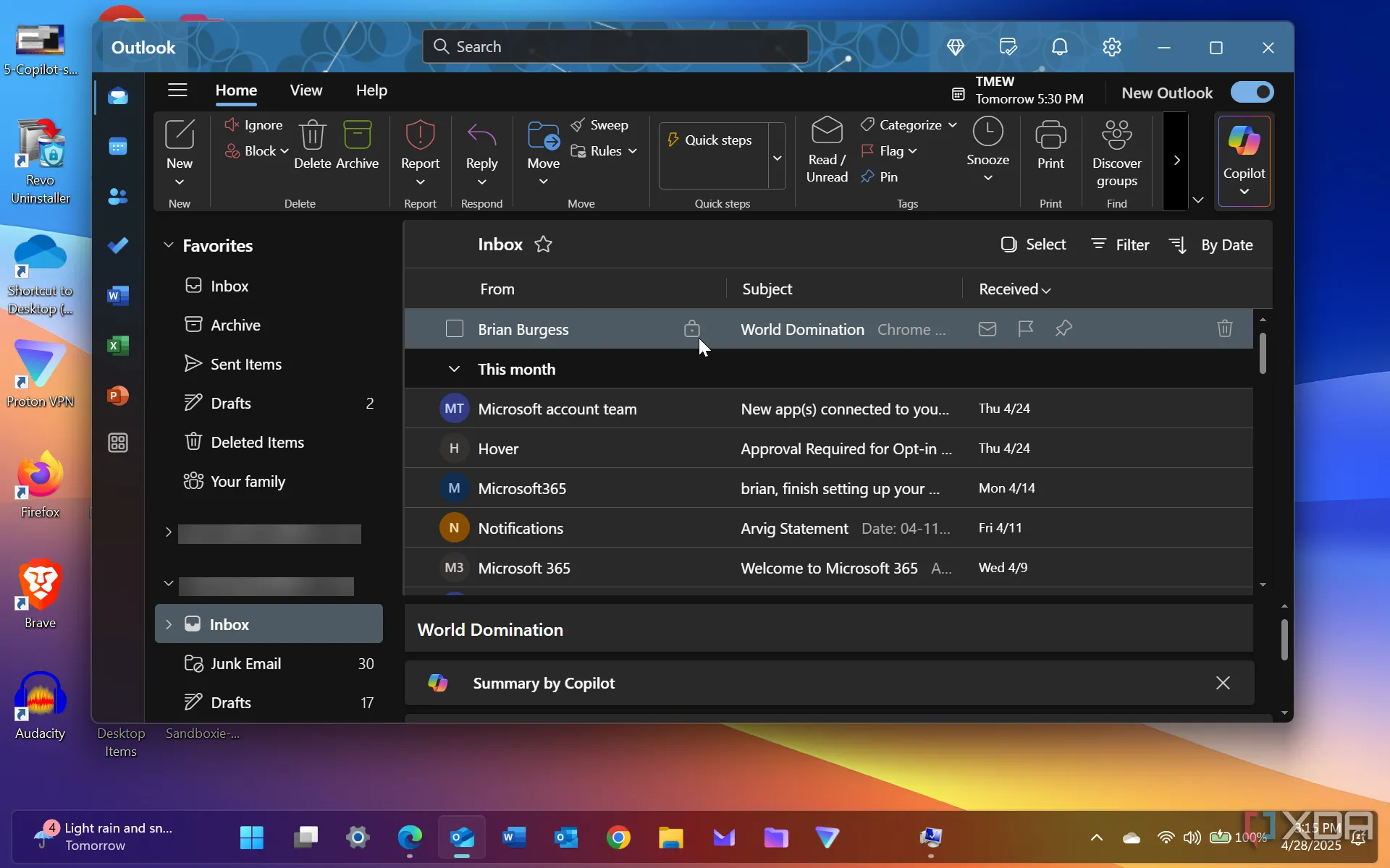 Hộp thư đến ứng dụng Outlook hiển thị thư email đã mã hóa