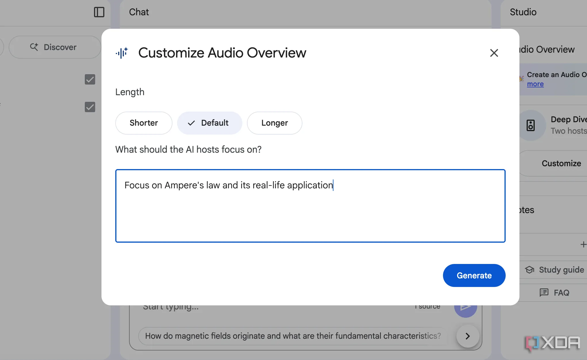 Hộp văn bản tùy chỉnh chủ đề Audio Overviews trong giao diện NotebookLM