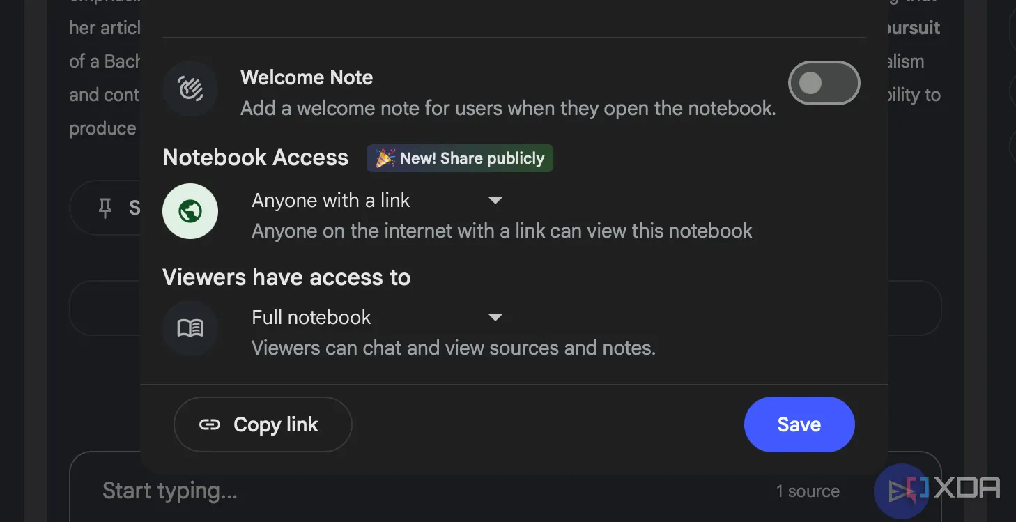 Hướng dẫn chia sẻ NotebookLM công khai với tùy chọn 'Anyone with a link'