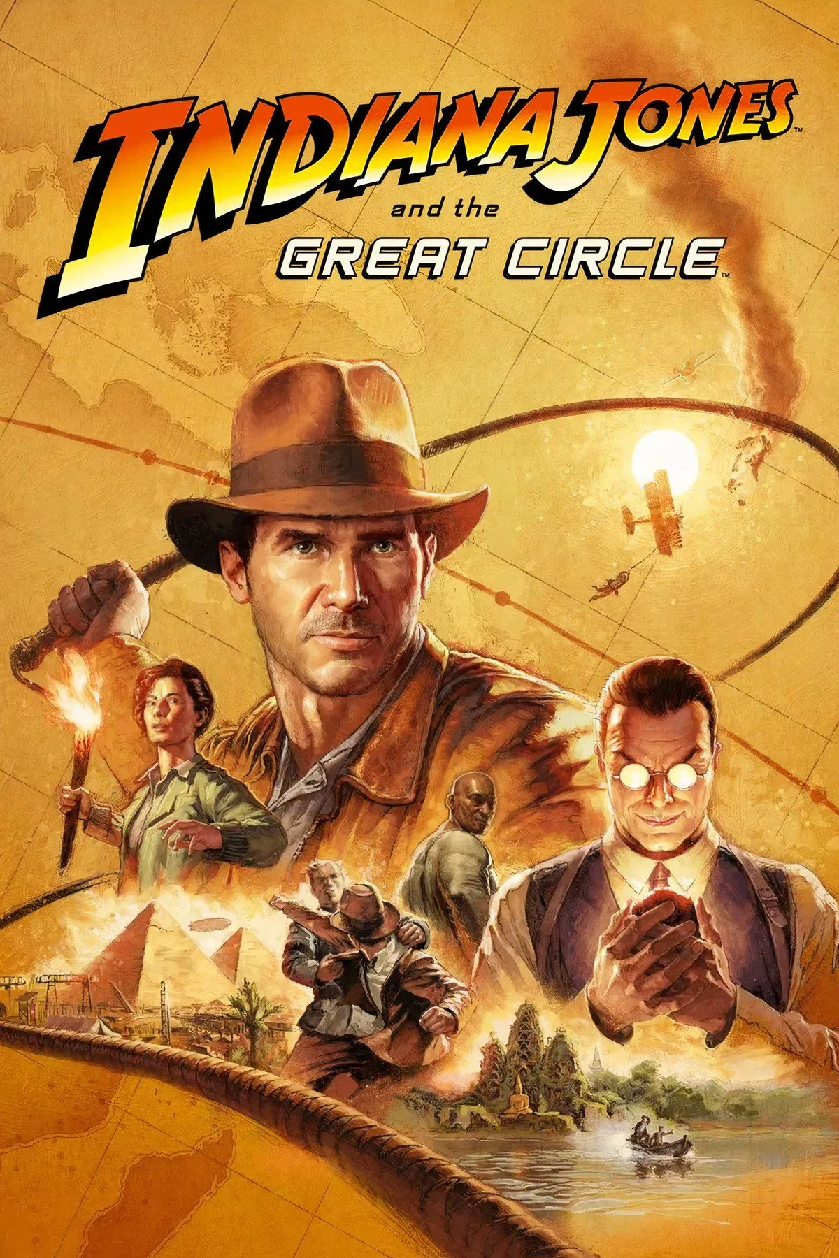 Indiana Jones đang sử dụng roi trong một pha hành động kịch tính trong game Great Circle