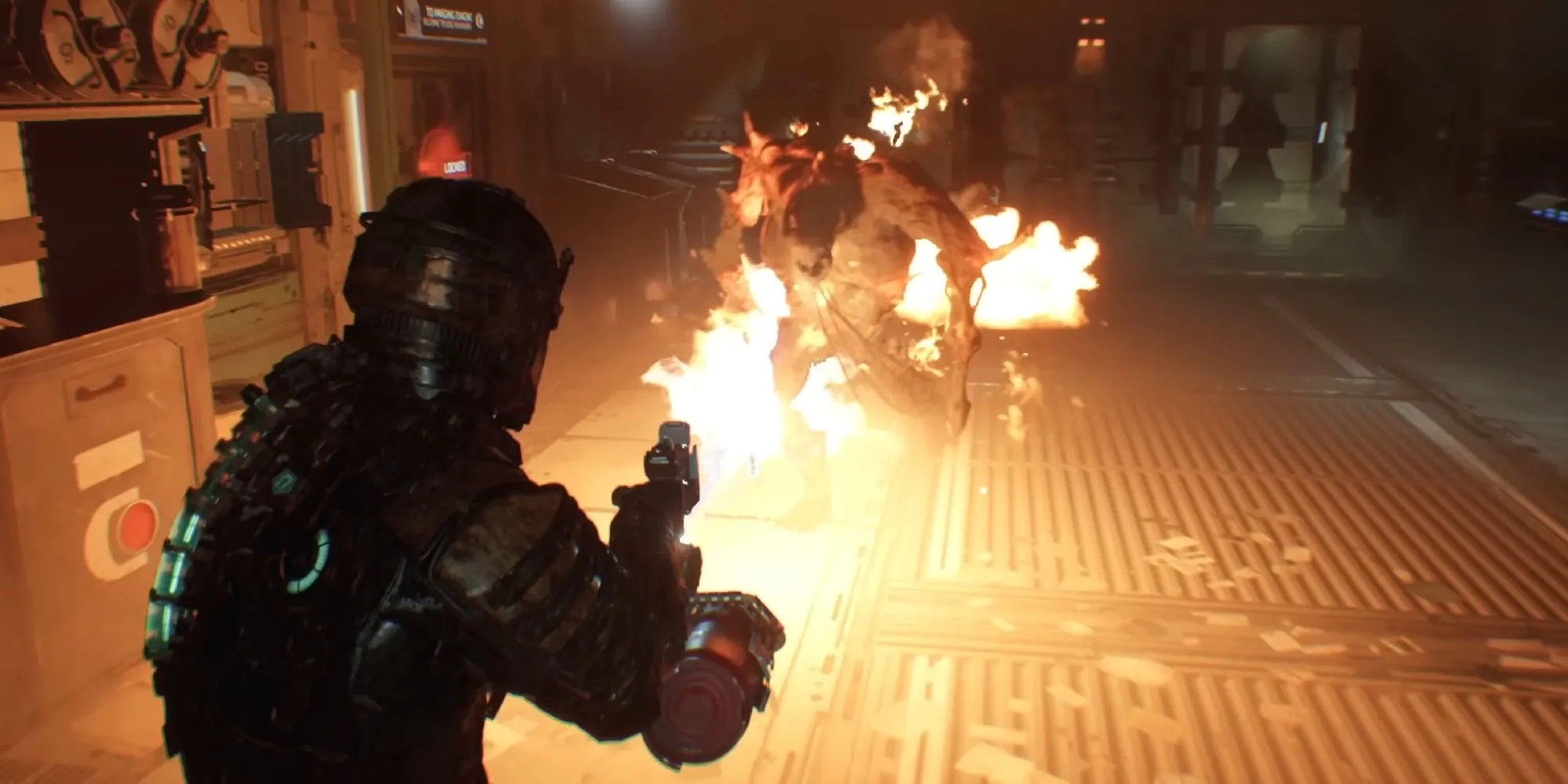 Isaac Clarke đối đầu Necromorph với súng phun lửa, minh họa độ khó tăng cường trong mod Zealot Hardcore Mode Dead Space Remake.