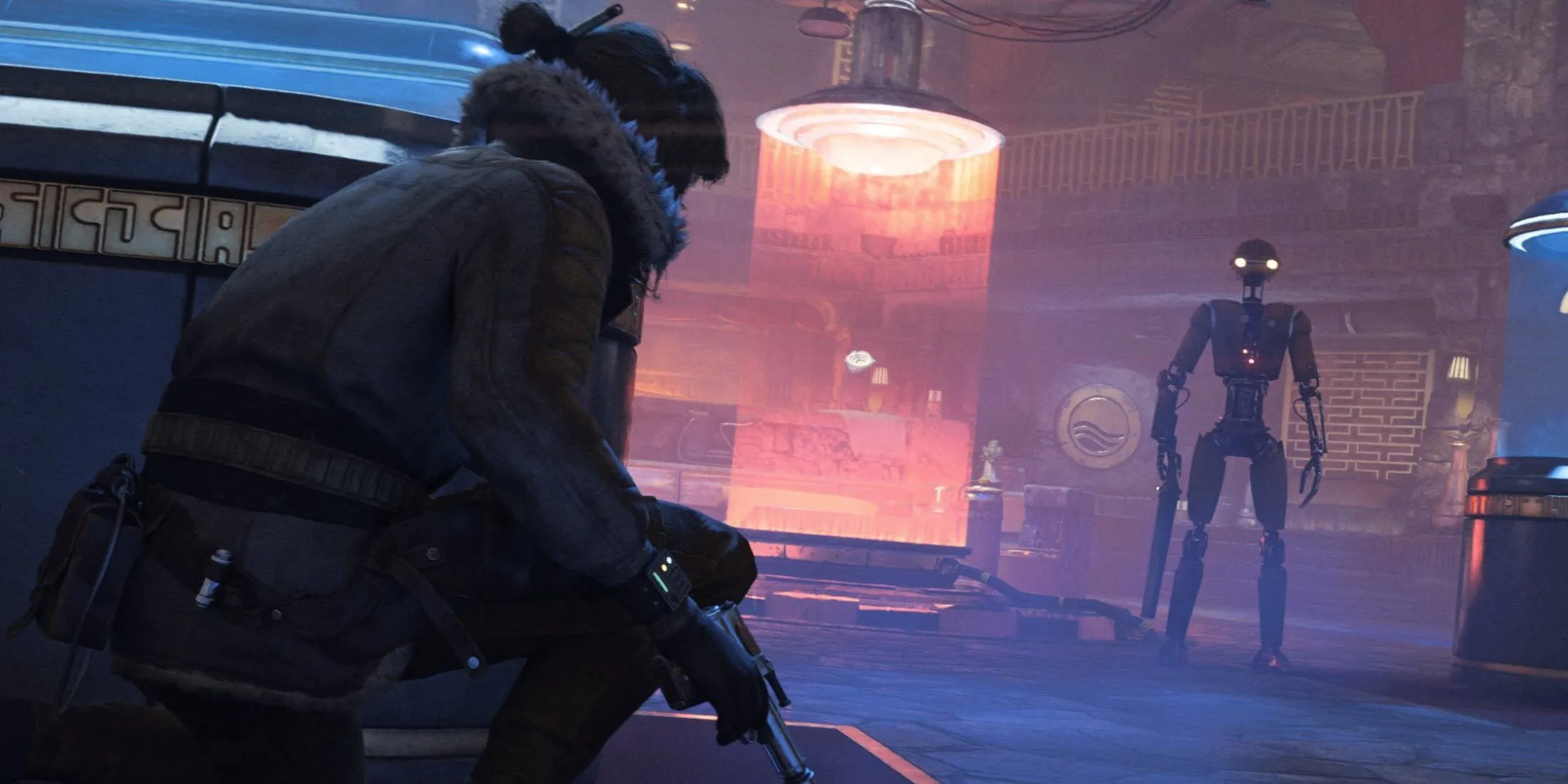 Kay Vess và người bạn đồng hành Nix thực hiện nhiệm vụ ẩn mình trong Star Wars Outlaws.
