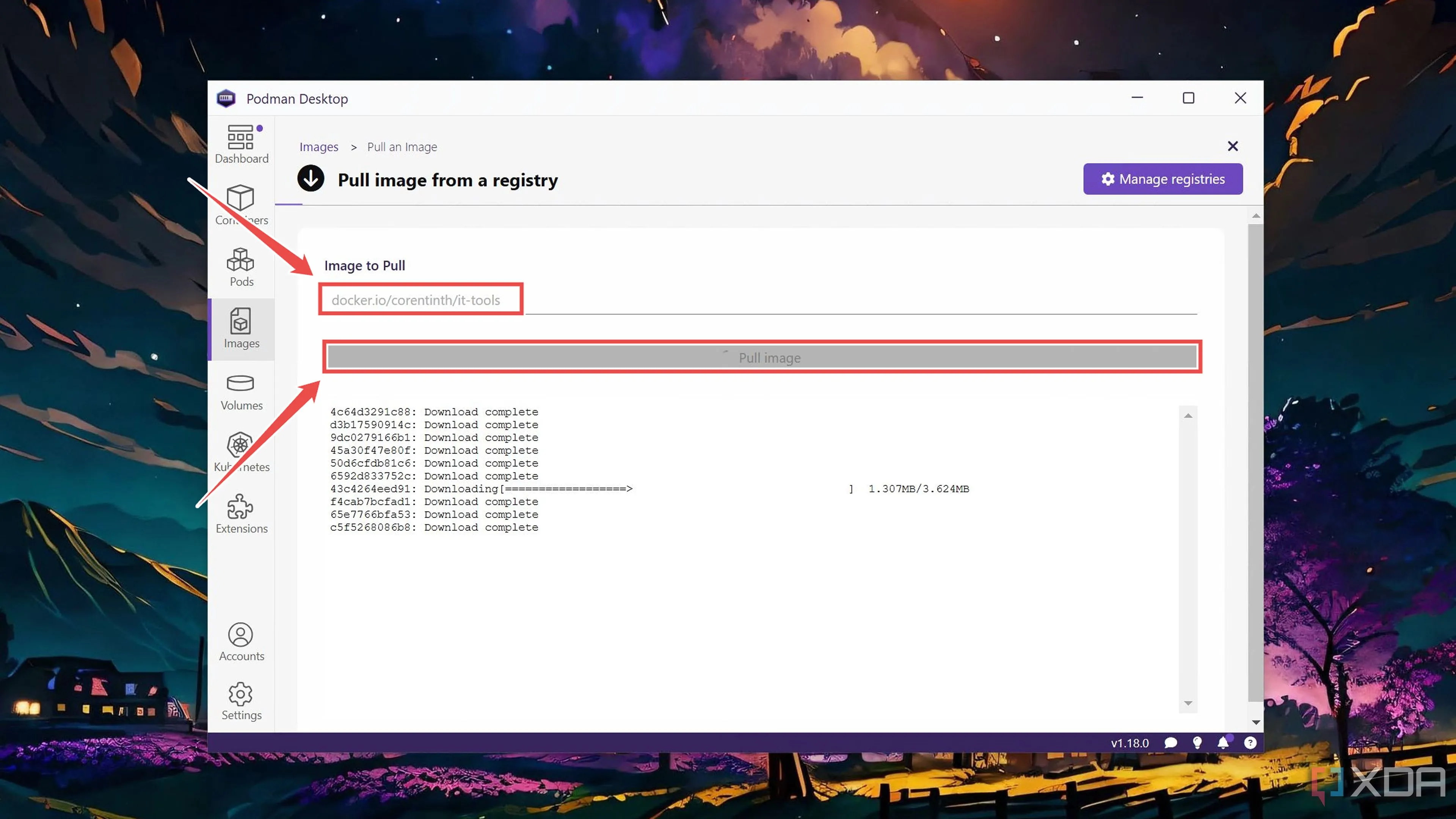Kéo một image container bằng cách nhập tên vào thanh tìm kiếm trong Podman Desktop