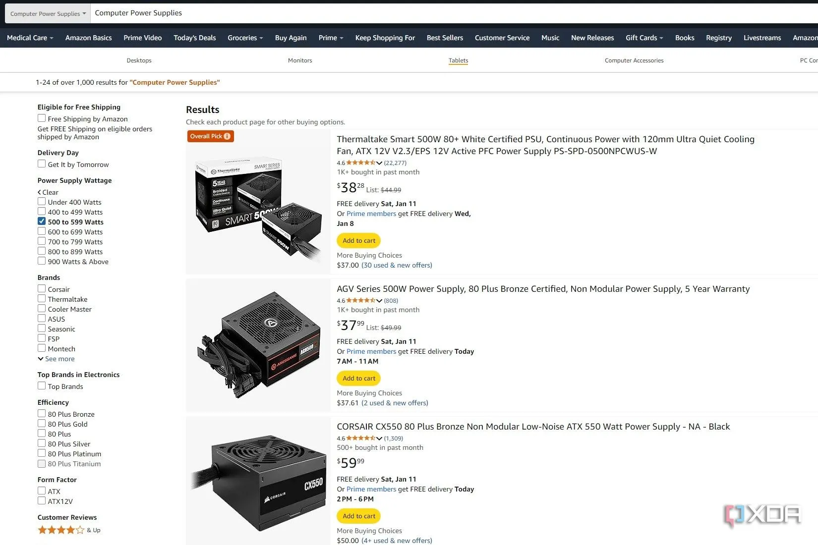 Kết quả tìm kiếm Amazon cho bộ nguồn máy tính