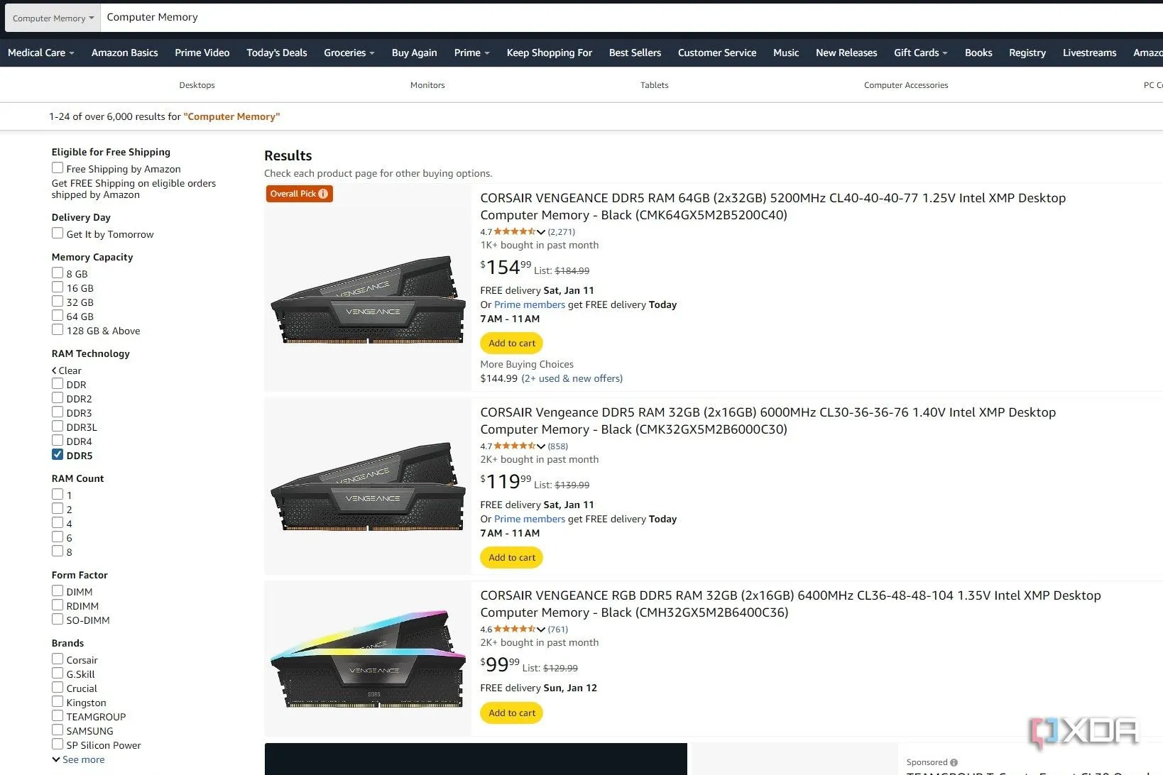 Kết quả tìm kiếm Amazon cho bộ nhớ máy tính