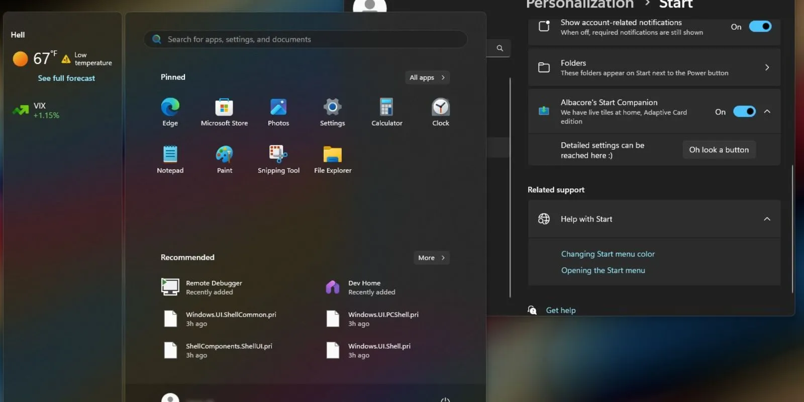 Khả năng tùy chỉnh bảng điều khiển đồng hành trên Start Menu Windows 11