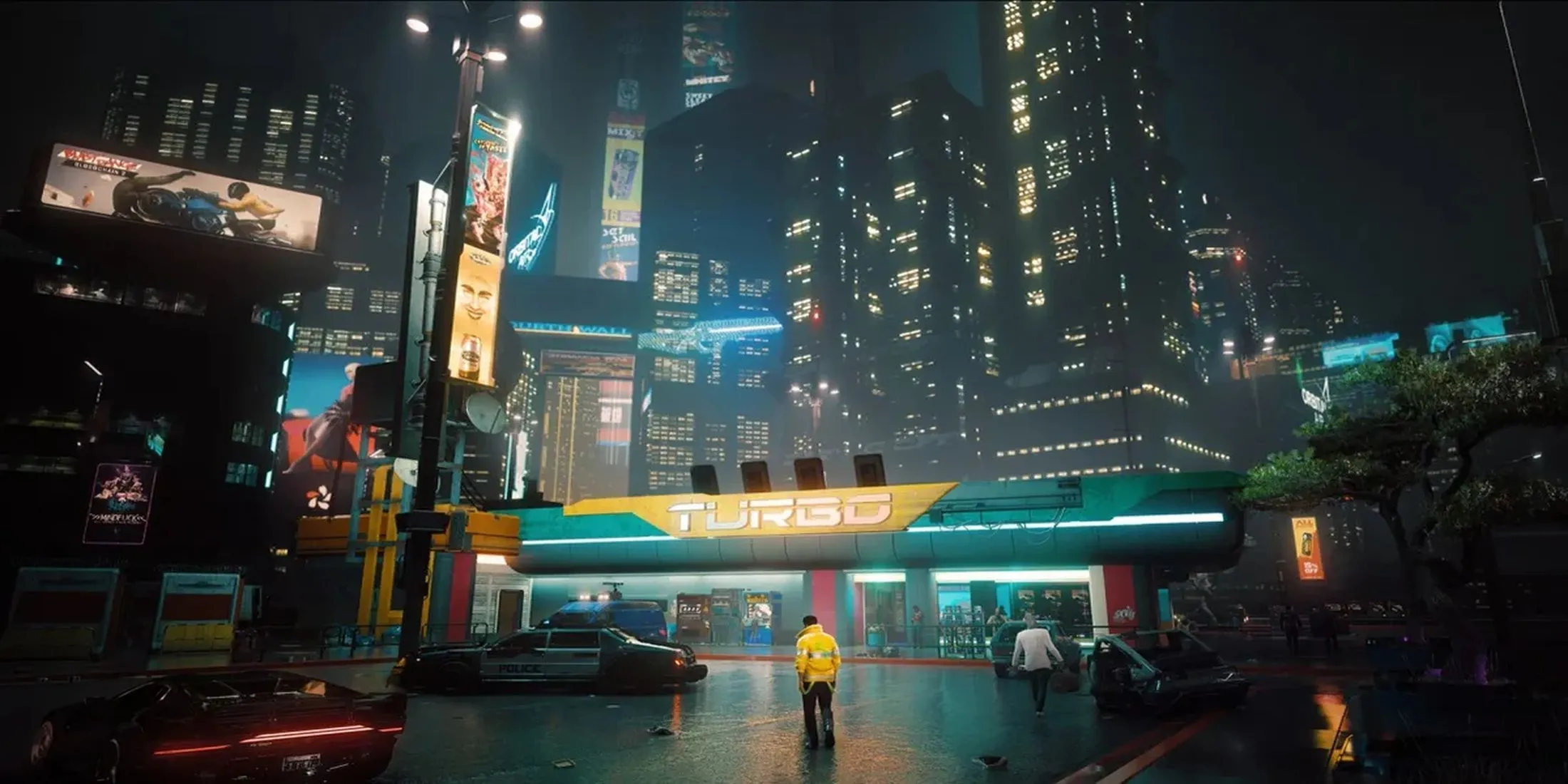 Khung cảnh Night City về đêm với ánh đèn neon rực rỡ, biểu tượng của thành phố tương lai trong Cyberpunk 2077.