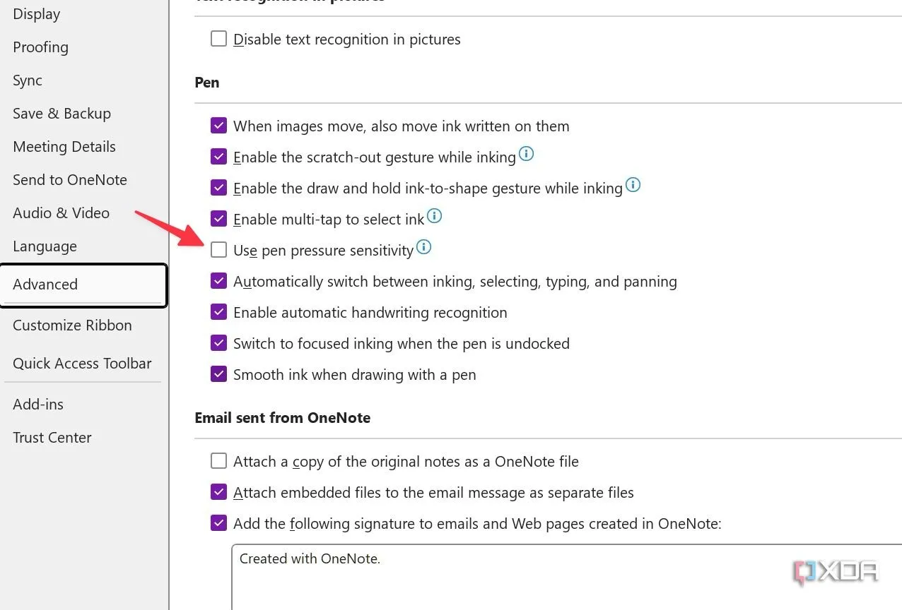 Kích hoạt độ nhạy áp lực bút trong cài đặt nâng cao của OneNote để cải thiện trải nghiệm viết tay