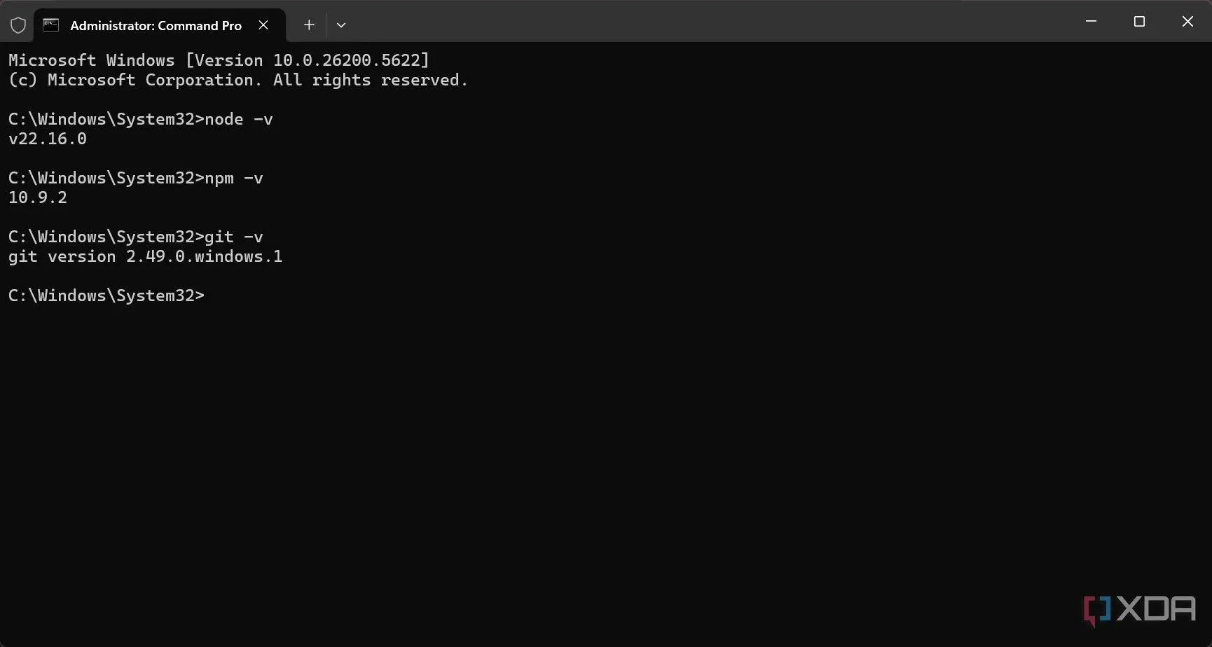 Kiểm tra phiên bản Node.js, npm và Git trên cửa sổ Command Prompt