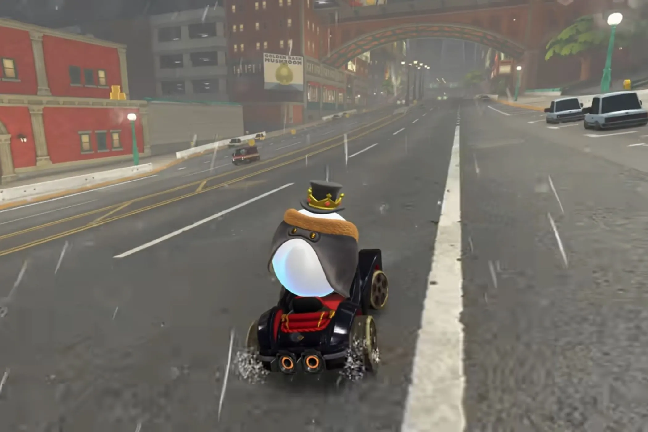 King Boo đua xe qua Crown City dưới mưa trong Mario Kart World