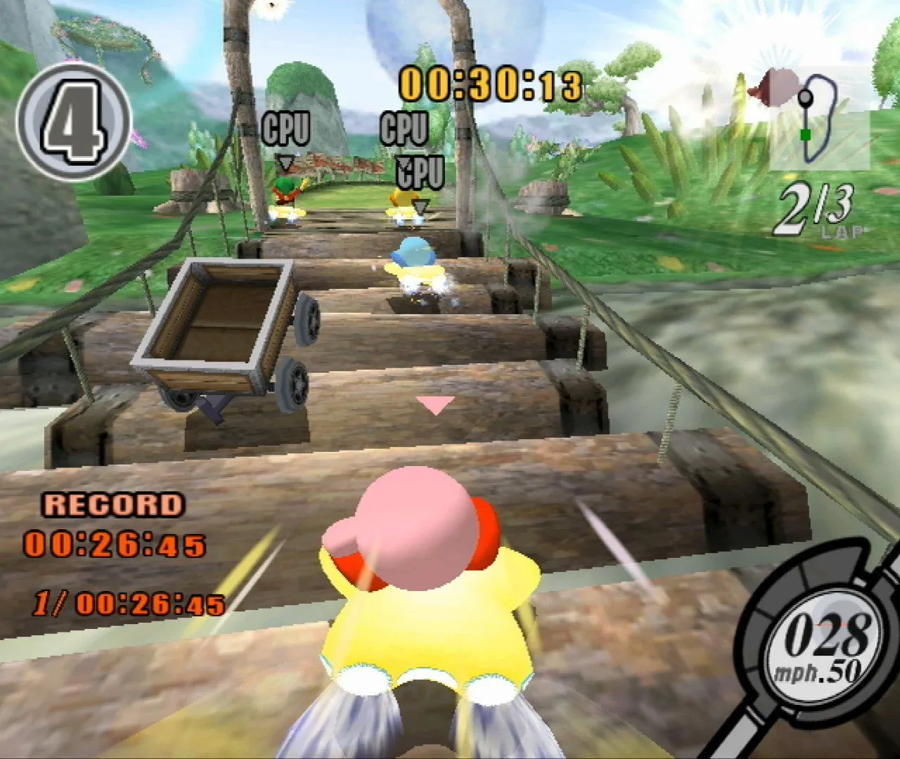 Kirby đang cưỡi Warp Star trên đường đua đầy màu sắc trong Kirby Air Ride