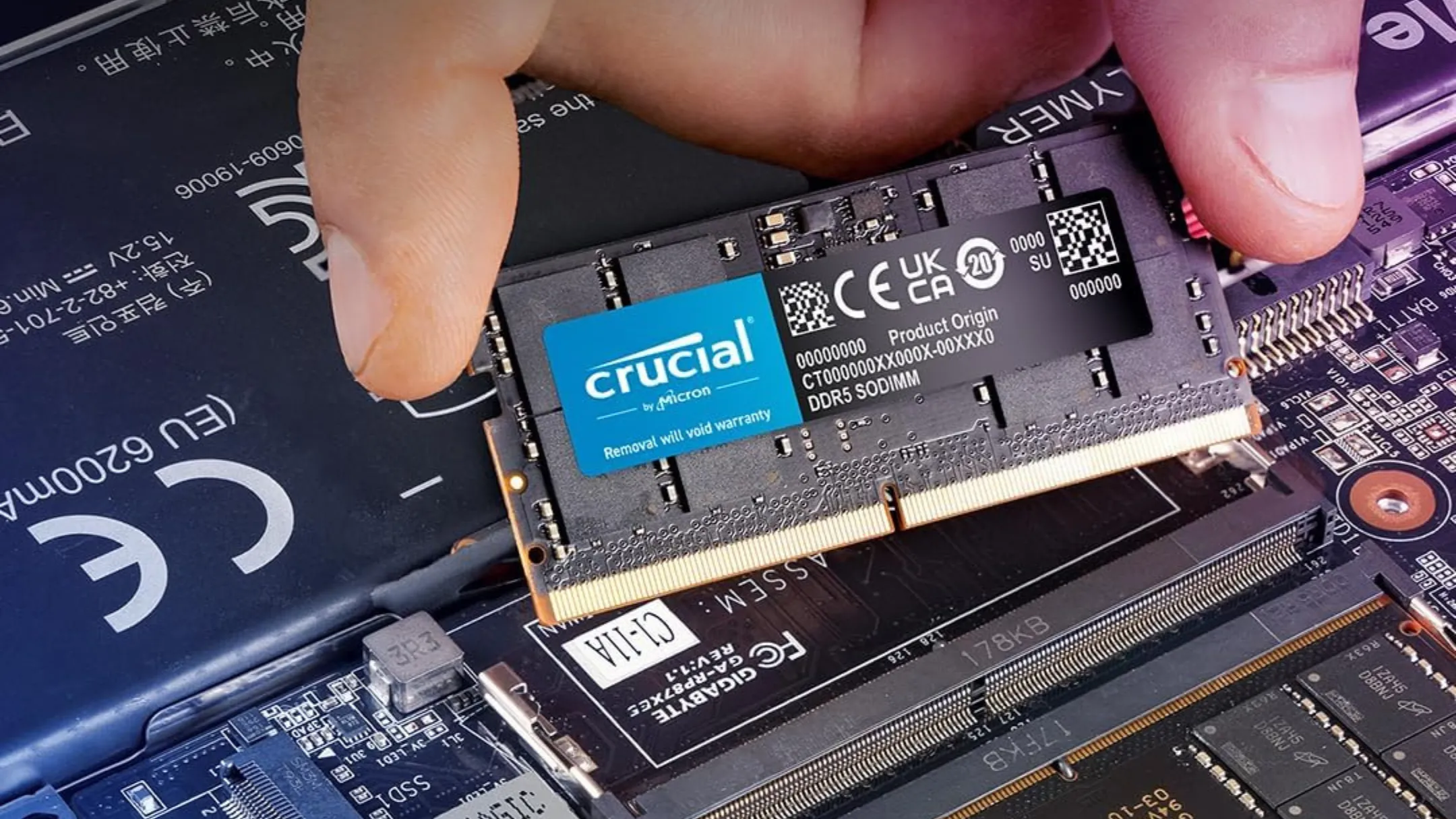 Kit RAM Crucial DDR5 64GB đang được lắp vào khe cắm trên bo mạch chủ laptop, thể hiện quá trình nâng cấp RAM thực tế