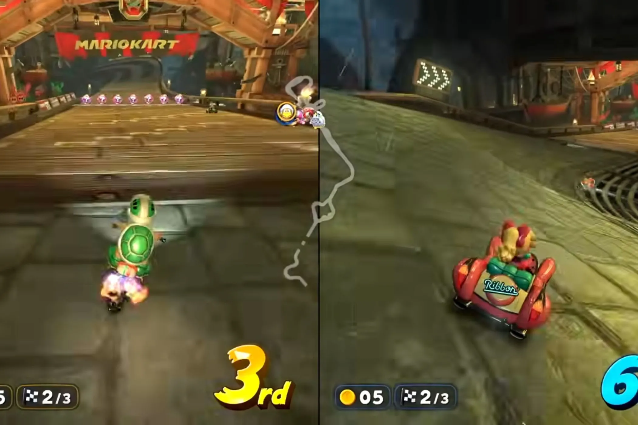 Koopa và Peach đua xe tại Wario Shipyard trong Mario Kart World với đồ họa sống động