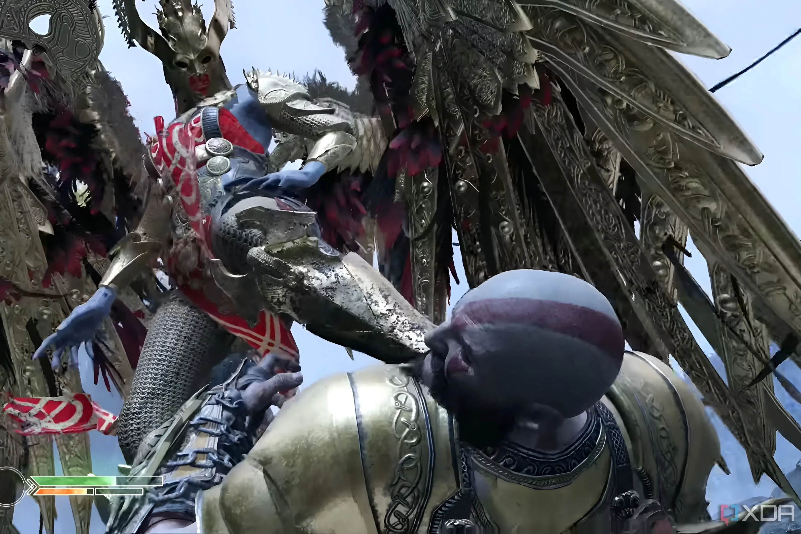 Kratos đang bị Sigrun, Nữ hoàng Valkyrie, đặt chân lên mặt trong game God of War (2018)