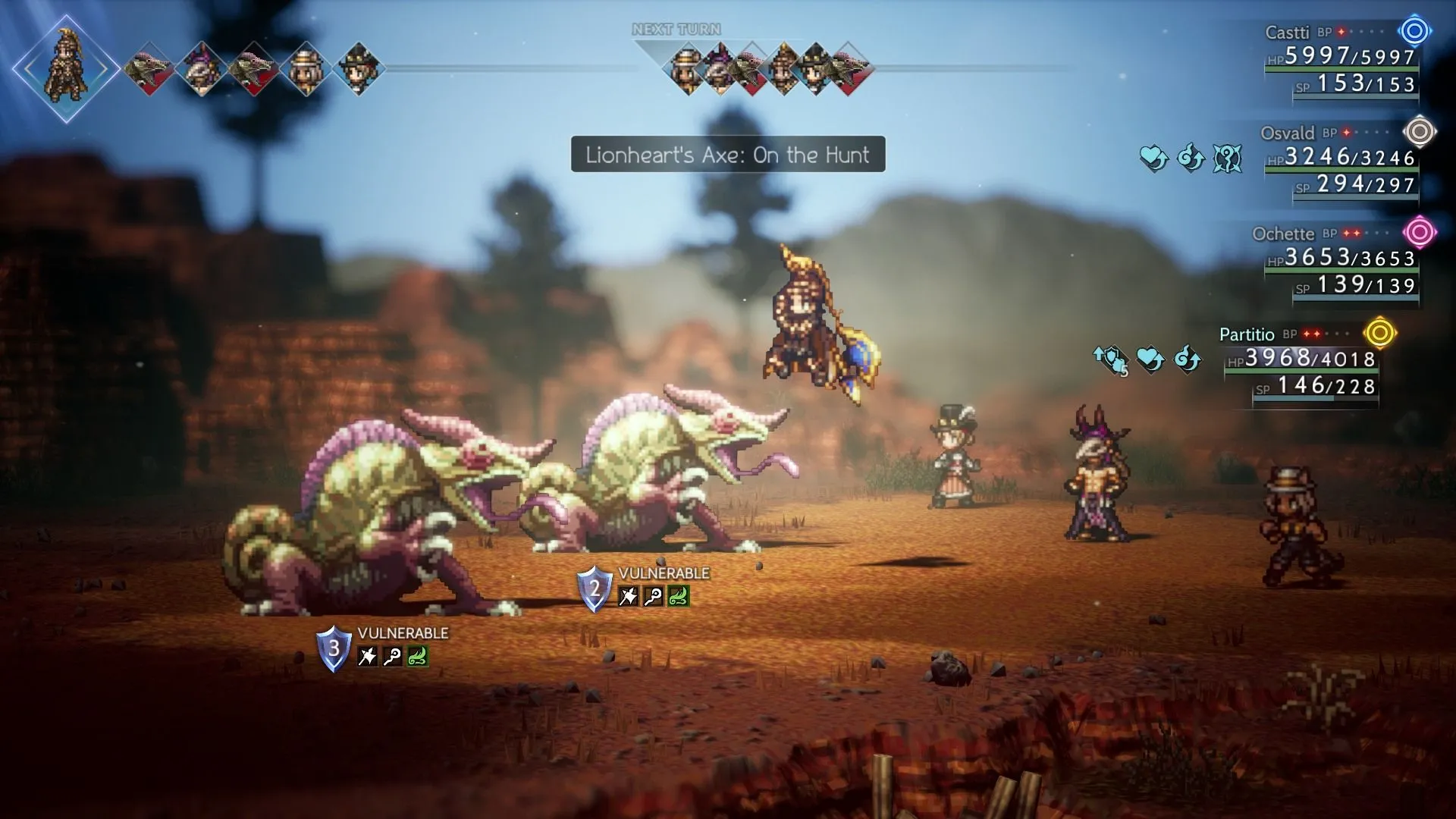Kỹ năng &quot;Lionheart's Axe&quot; trong game nhập vai Octopath Traveler 2 với đồ họa HD-2D ấn tượng