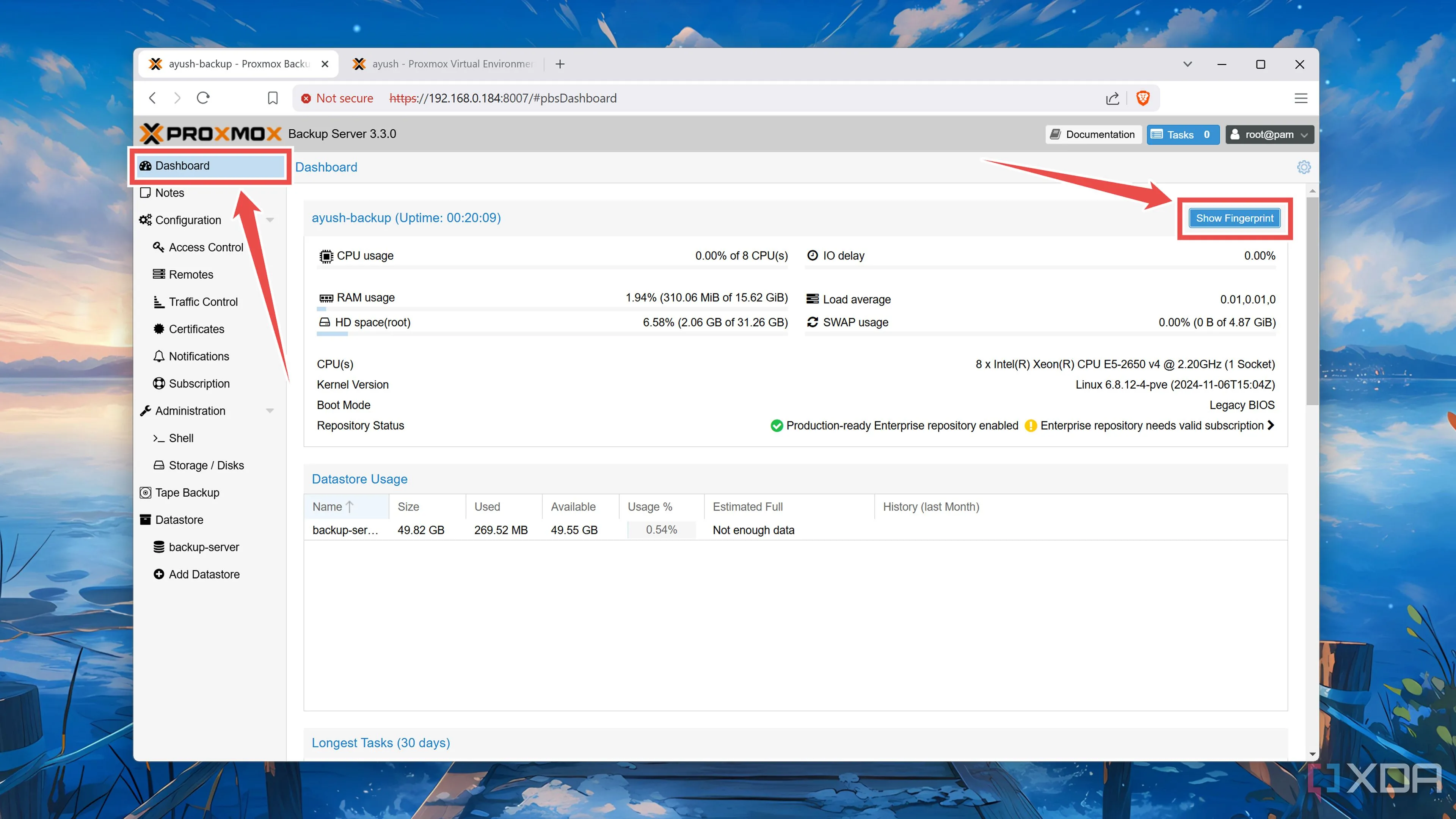 Lấy mã vân tay (fingerprint) bảo mật từ giao diện Dashboard của Proxmox Backup Server