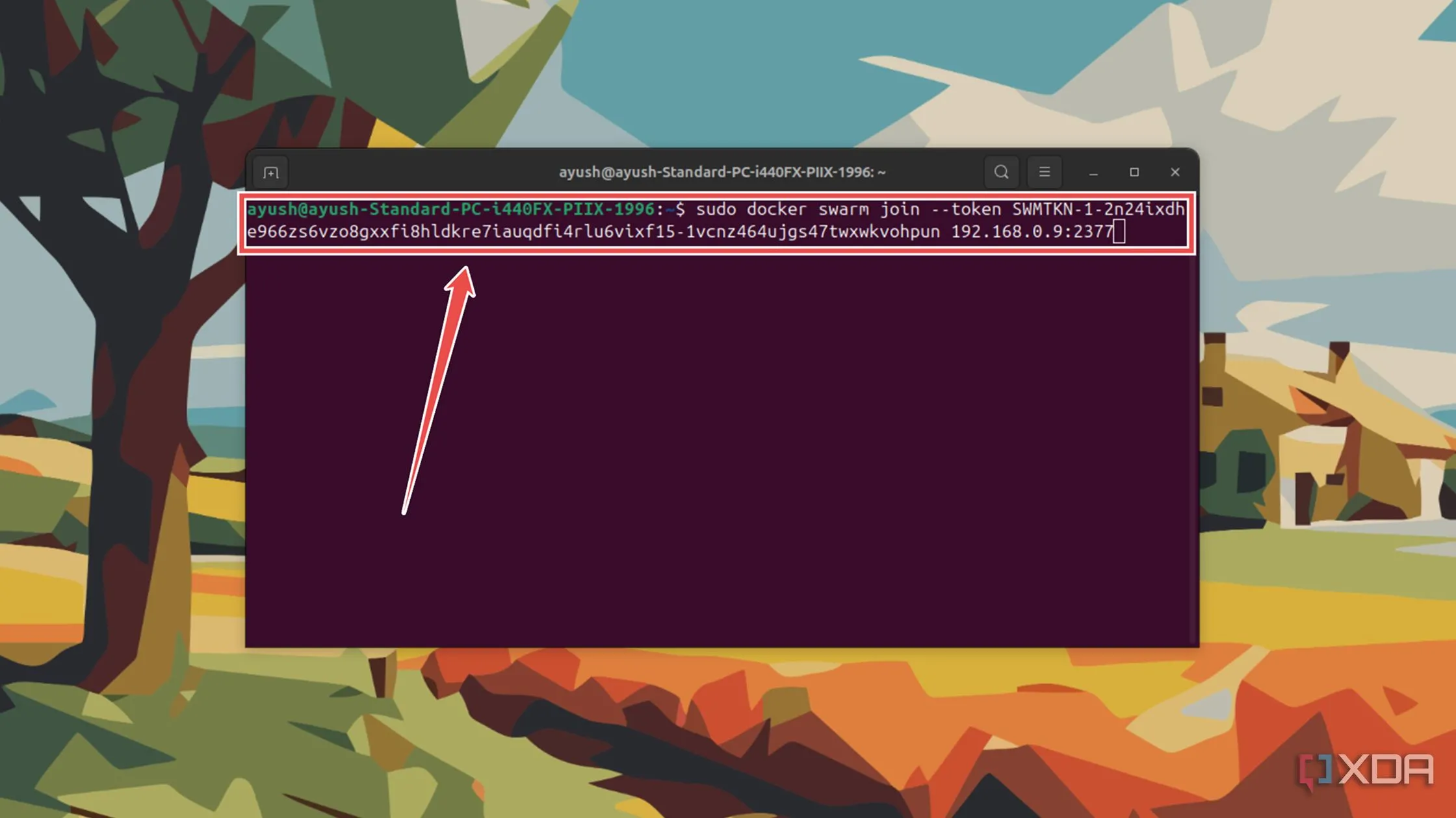 Lệnh docker swarm join được thực thi để thêm node vào cluster Docker Swarm.