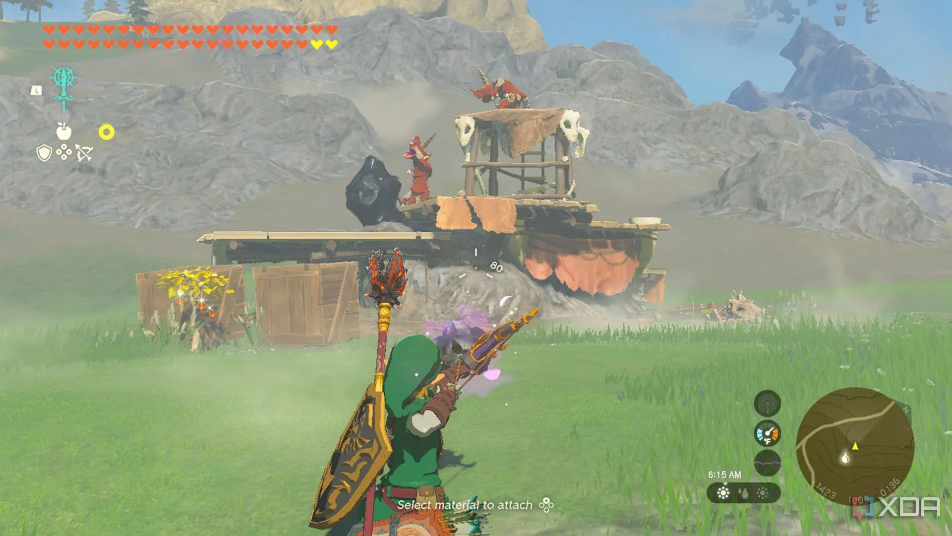 Link nhắm bắn Muddle Bud vào Battle Talus đang ẩn mình dưới đất trong Zelda TotK