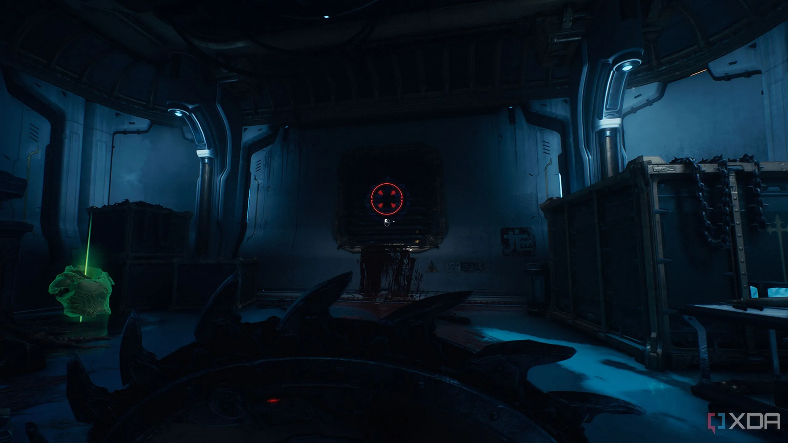 Lỗ thông hơi có thể phá vỡ bằng Shield Charge gần hình ảnh Atlan Mech trong Doom The Dark Ages