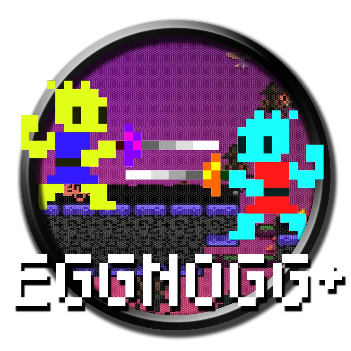 Logo game Eggnogg+ với nhân vật dạng pixel cầm kiếm