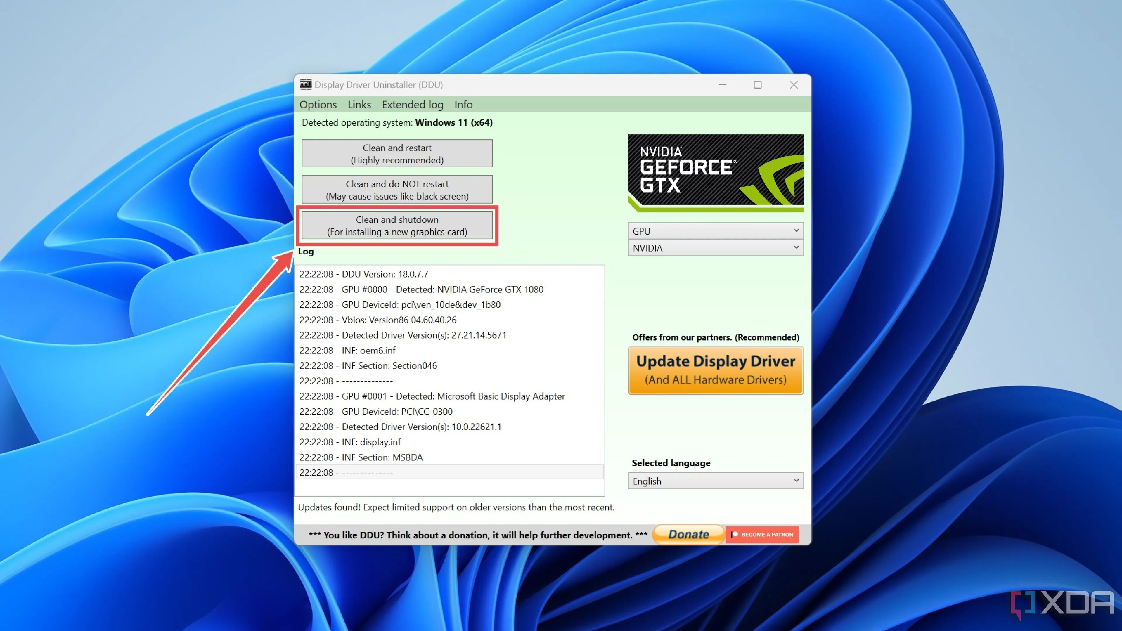 Lựa chọn chức năng Clean and shutdown trong phần mềm Display Driver Uninstaller (DDU)