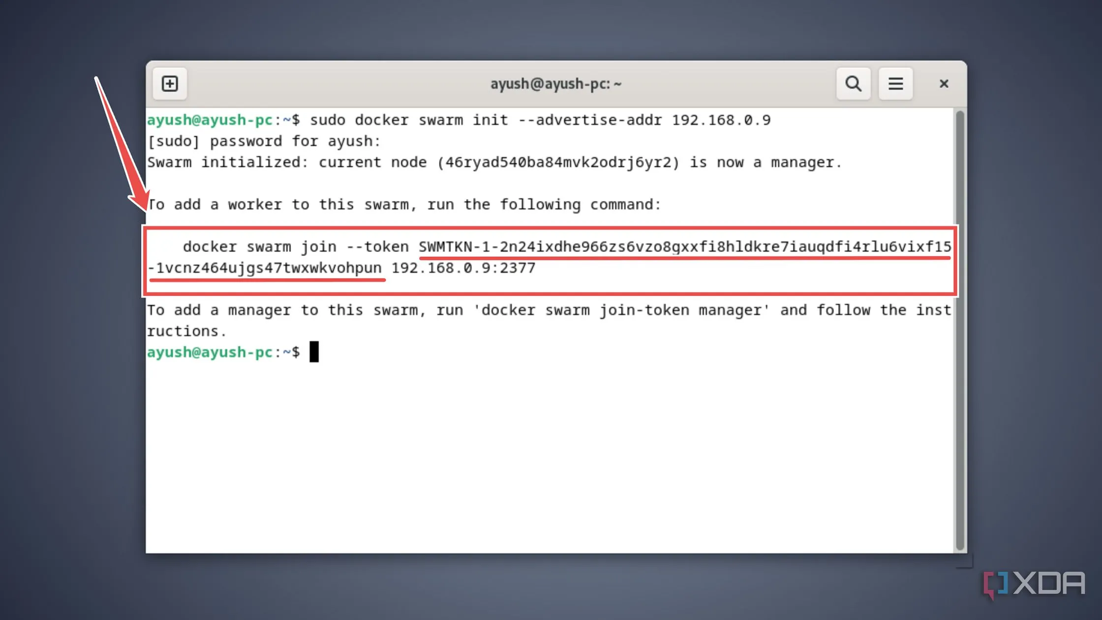 Mã token được tạo ra để các node worker tham gia vào cluster Docker Swarm.