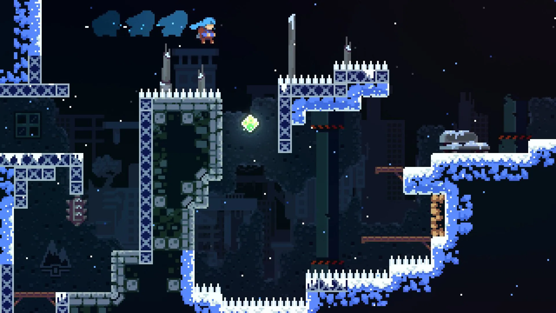 Madeline thực hiện động tác lao trên không để tránh chông, minh họa lối chơi platformer đầy thử thách