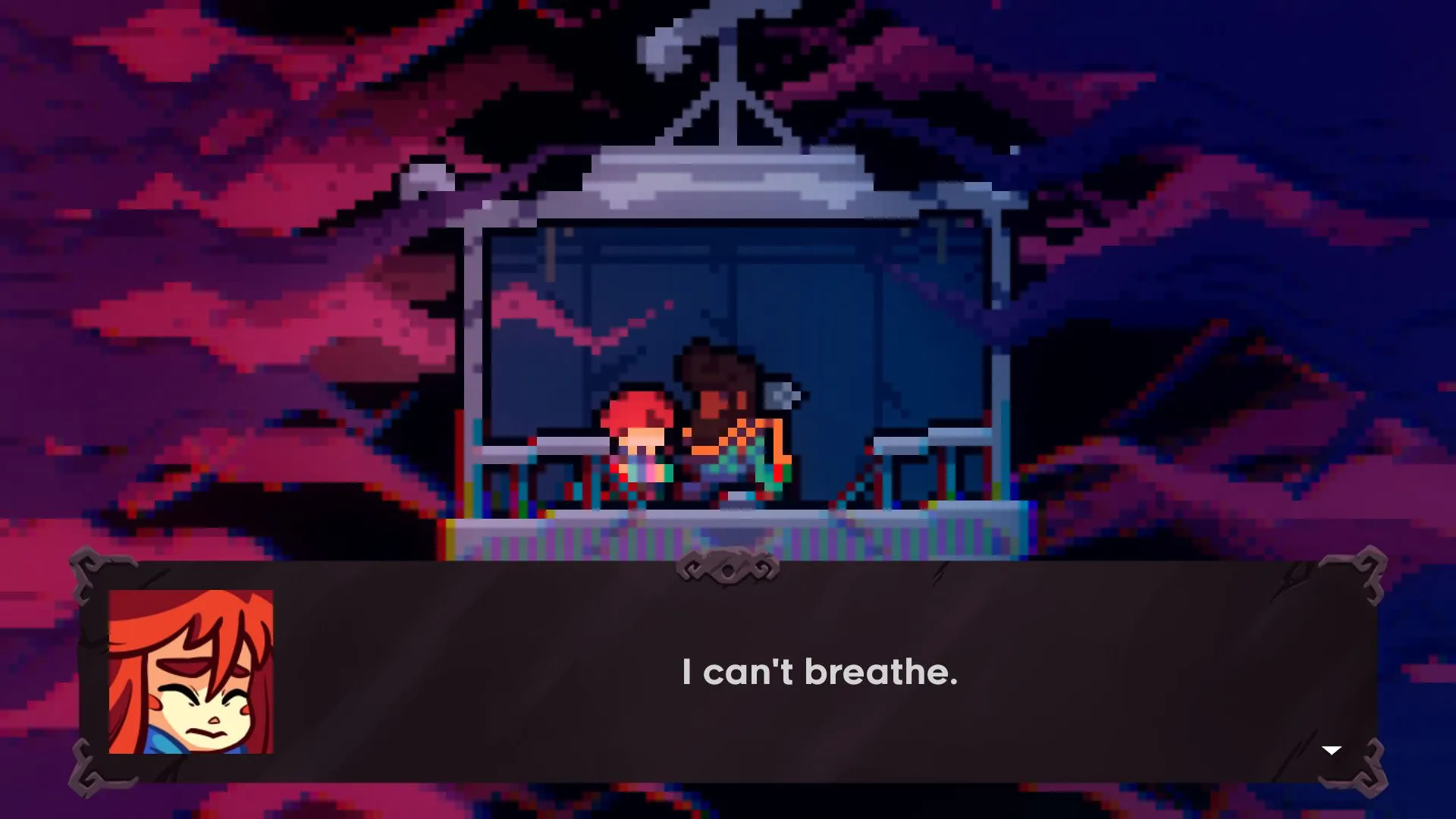 Madeline và một nhân vật khác đang ngồi trên cáp treo, đối thoại trong game Celeste.