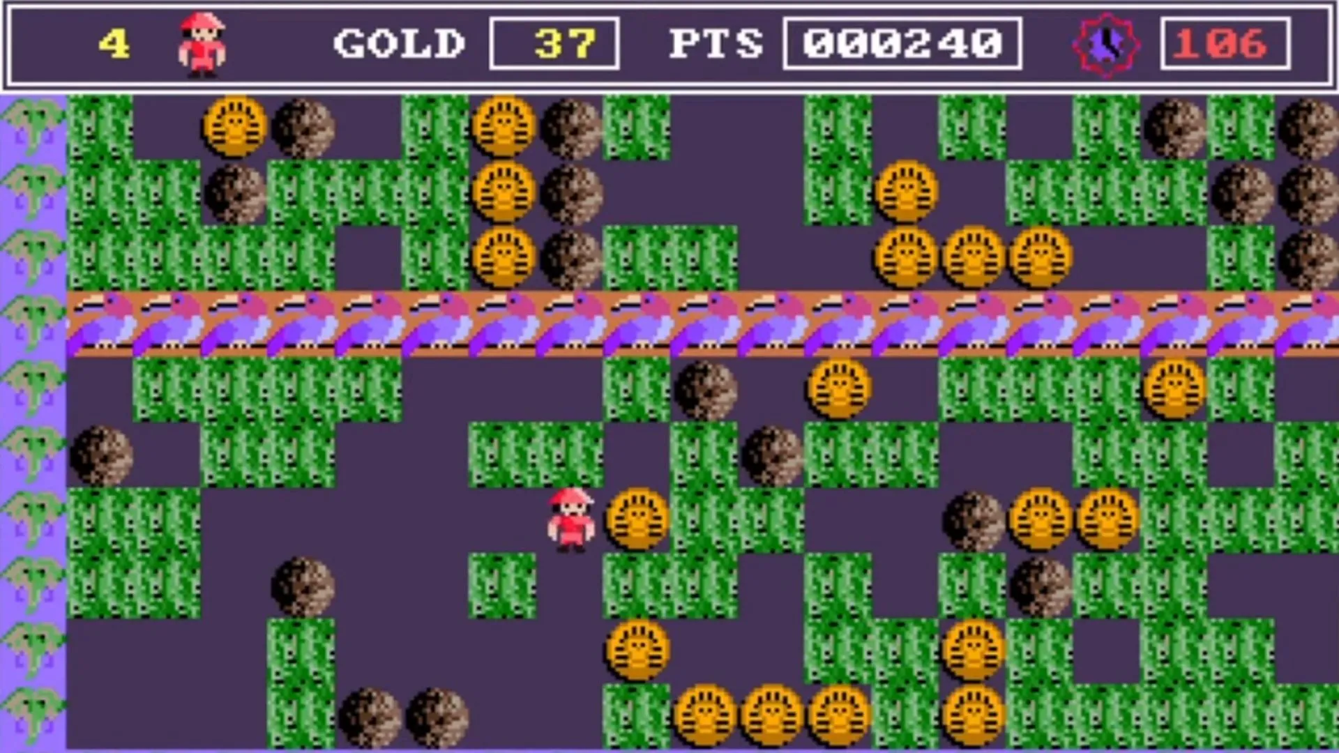 Màn chơi đầu tiên của game arcade cổ điển Rockford trên PC, minh họa lối chơi thu thập kho báu