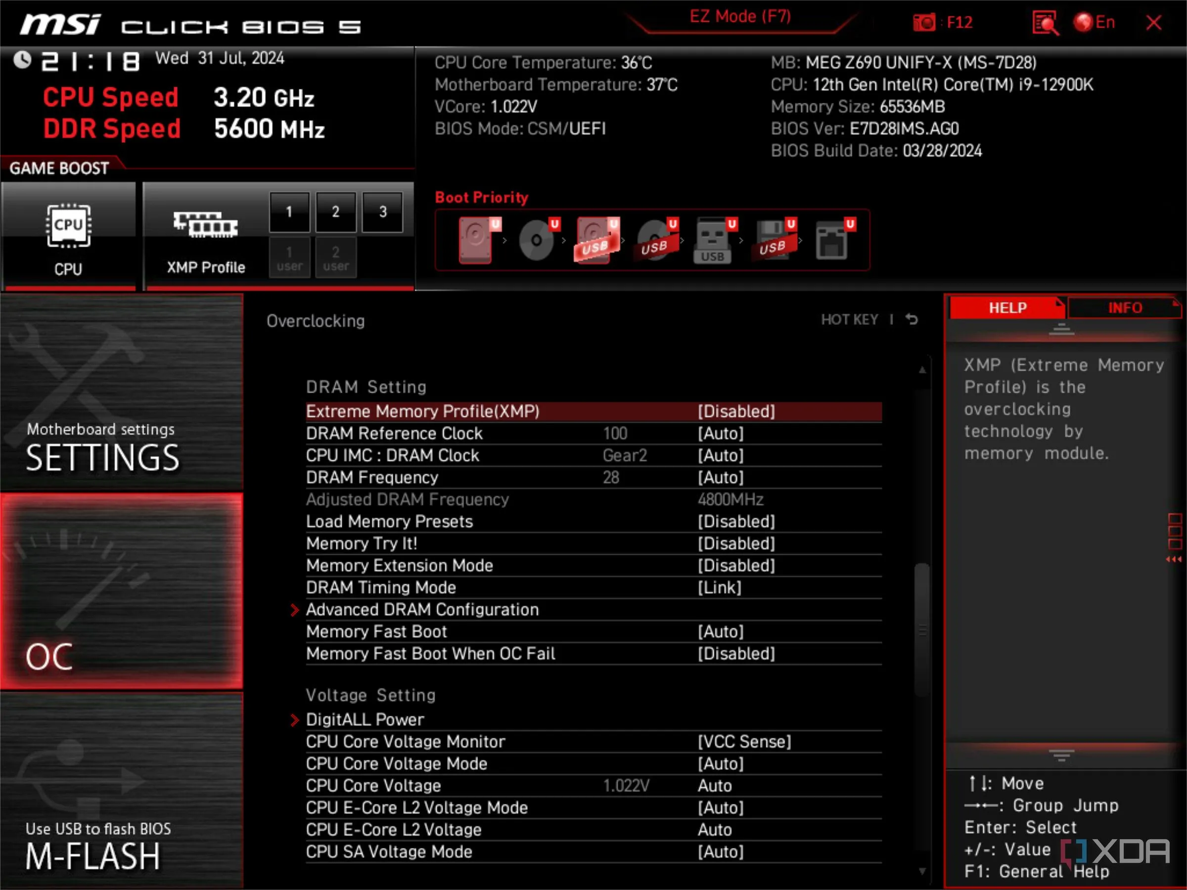 Màn hình BIOS UEFI của MSI hiển thị XMP đang bị tắt