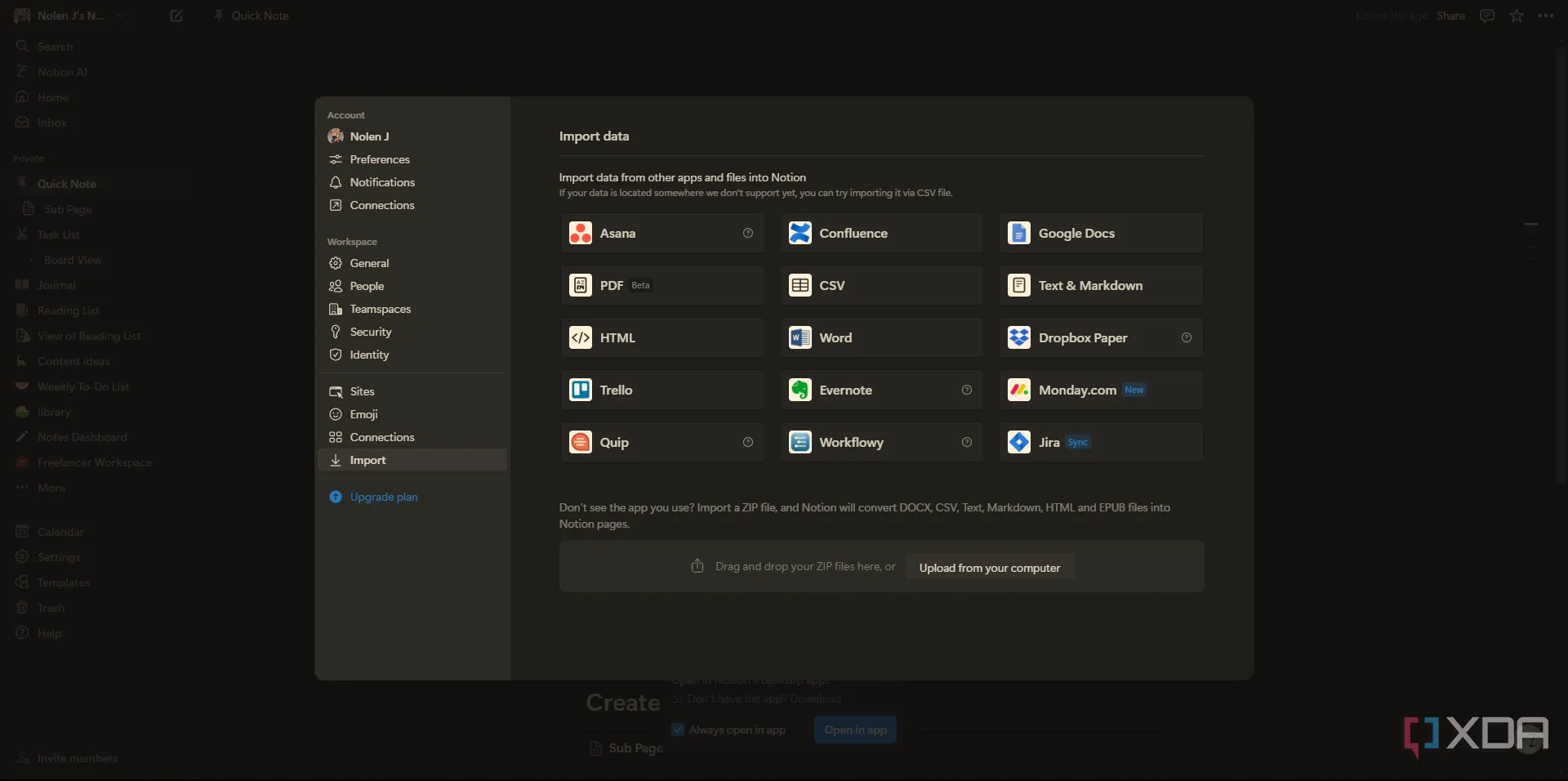 Màn hình cài đặt nhập liệu (Import) của Notion với các tùy chọn dịch vụ như Evernote, Trello, Asana.