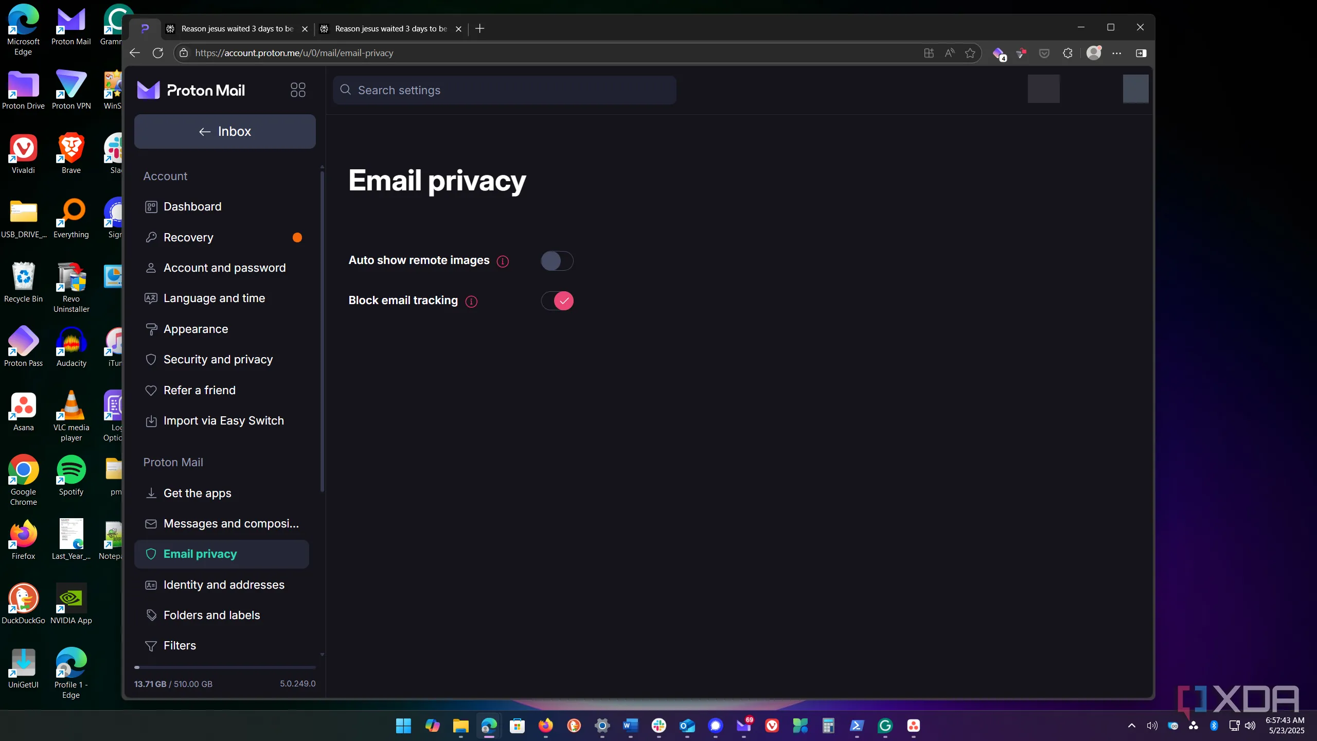 Màn hình cài đặt Proton Mail cho phép chặn tính năng theo dõi email