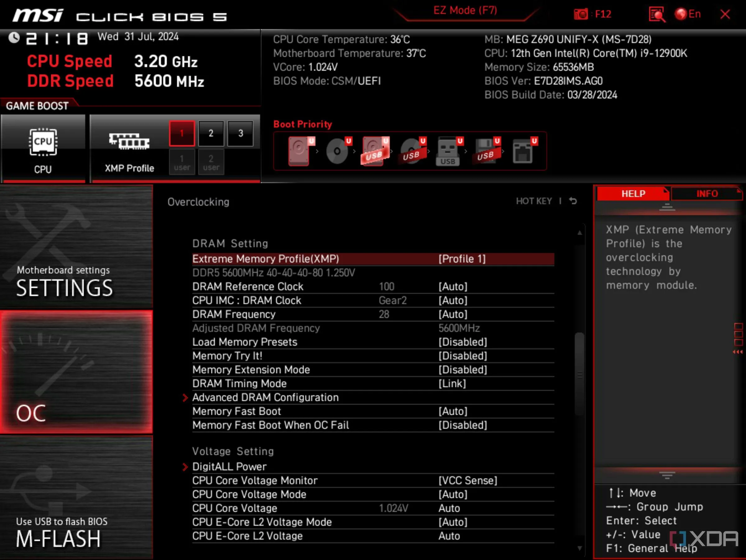 Màn hình cấu hình BIOS UEFI của bo mạch chủ MSI với tùy chọn Intel XMP đã được kích hoạt, cho phép RAM chạy ở tốc độ tối đa.