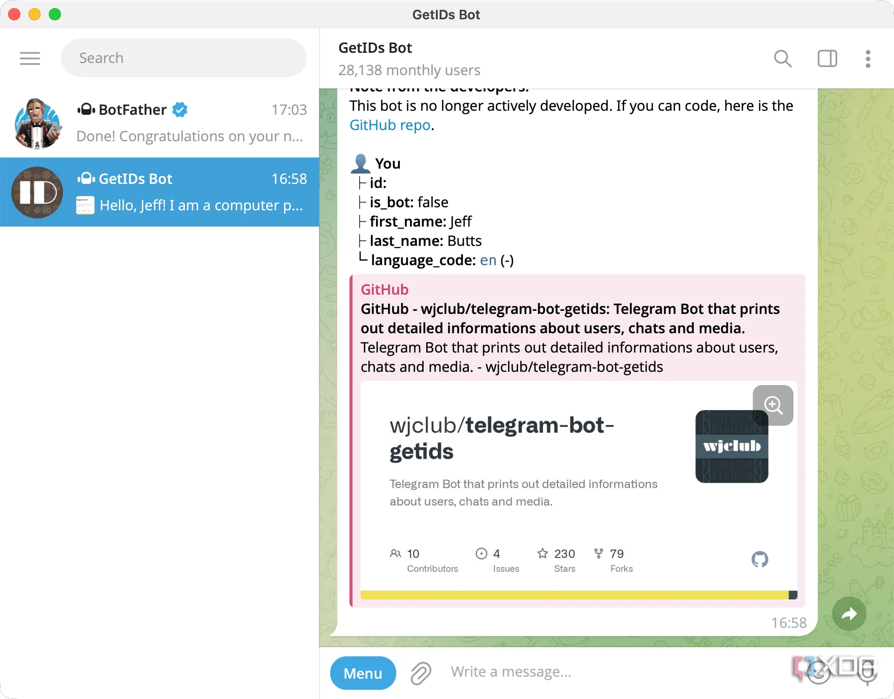 Màn hình chat với @GetIDs Bot giúp lấy Chat ID cho việc cấu hình Telegram trong Home Assistant