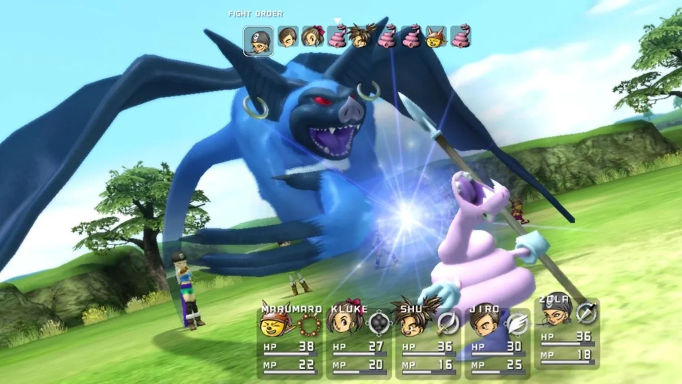 Màn hình chiến đấu trong Blue Dragon với một con dơi khổng lồ làm kẻ thù