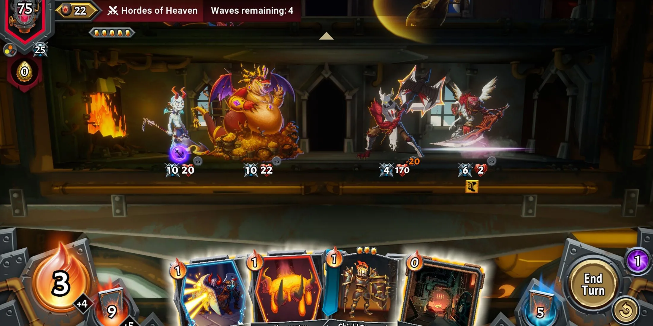 Màn hình chiến đấu trong Monster Train 2, hiển thị các quân bài và kẻ địch trên các tầng tàu.