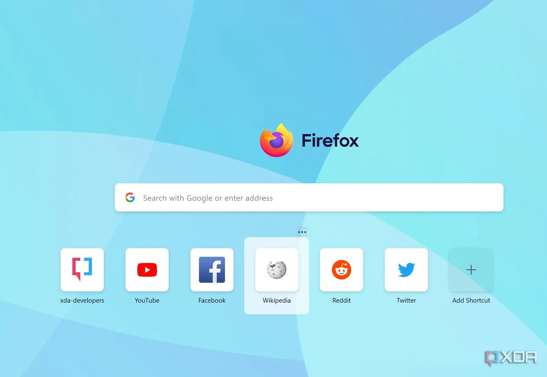 Màn hình chính của trình duyệt Firefox, với giao diện tối giản và các tùy chọn cá nhân hóa.