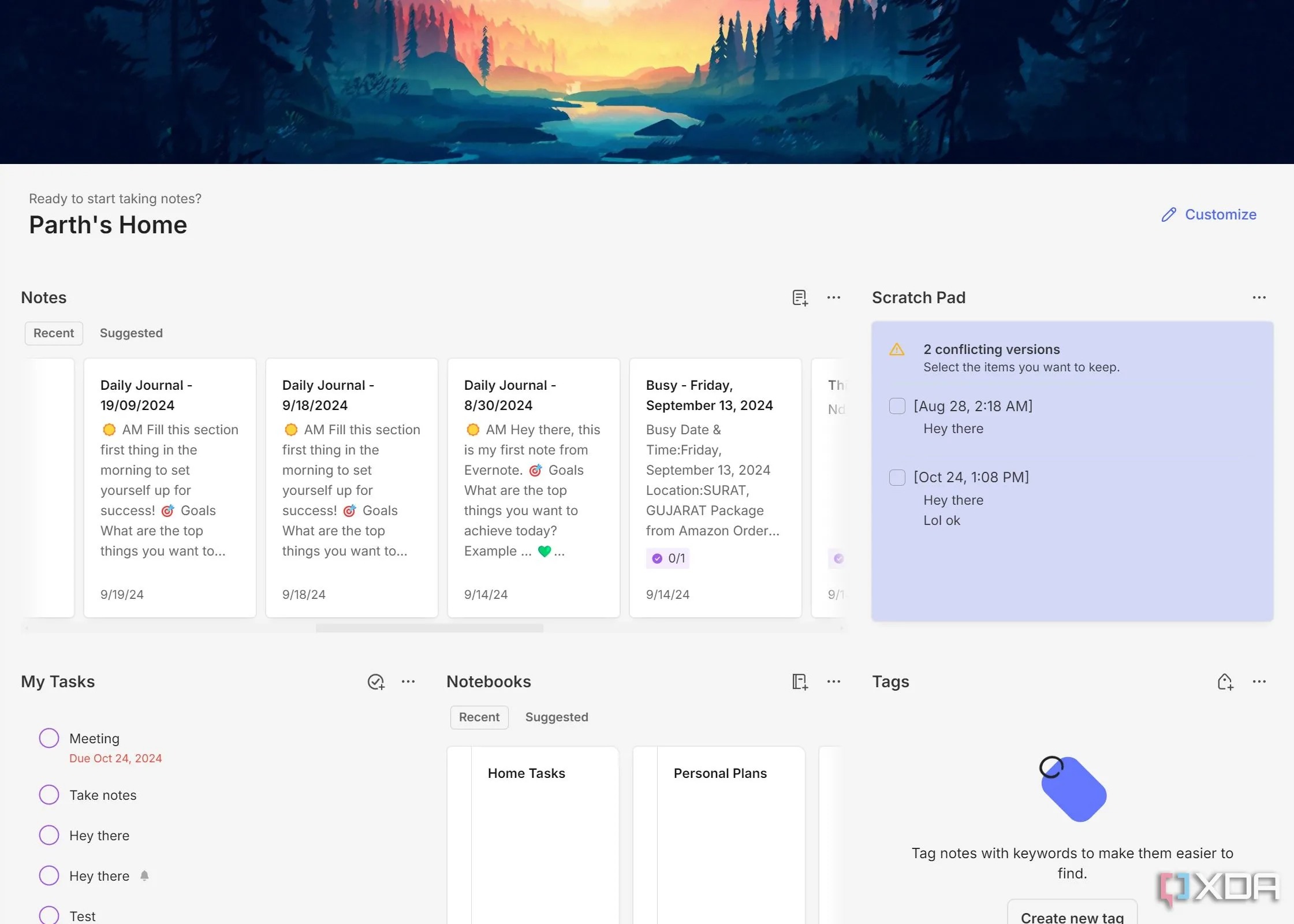 Màn hình chính Evernote với các widget tùy chỉnh giúp tăng năng suất làm việc