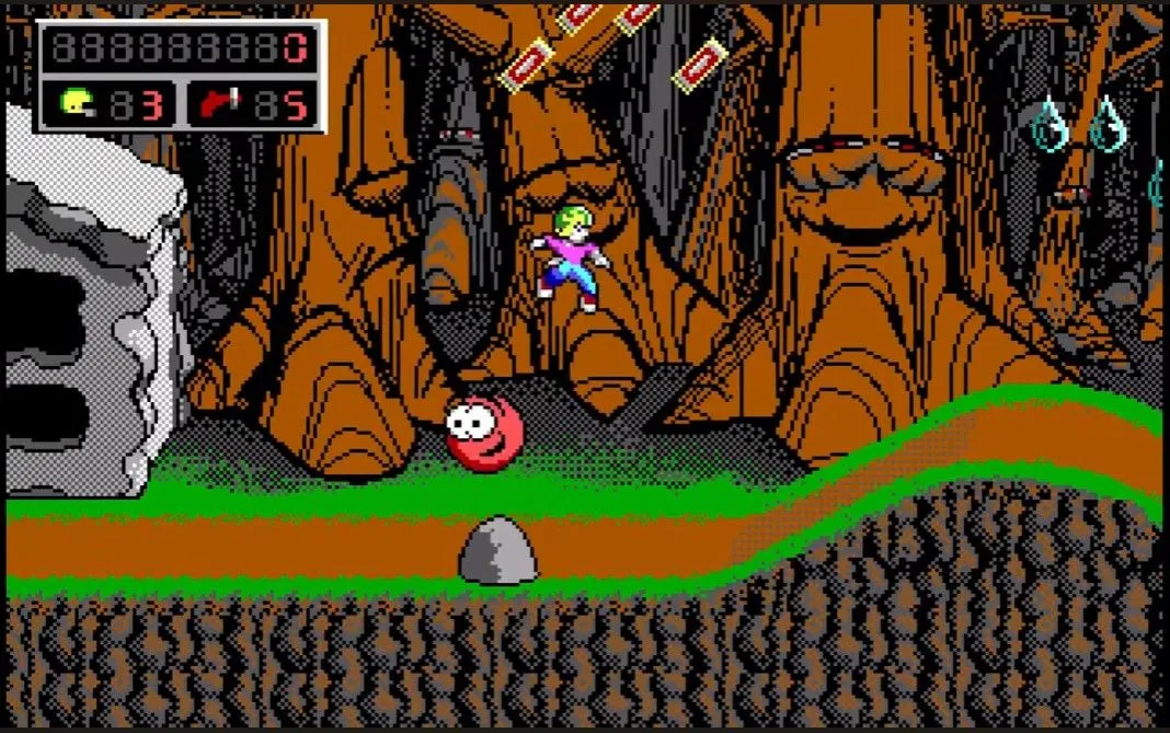 Màn hình chơi game Commander Keen 4 với nhân vật chính trên bối cảnh ngoài hành tinh