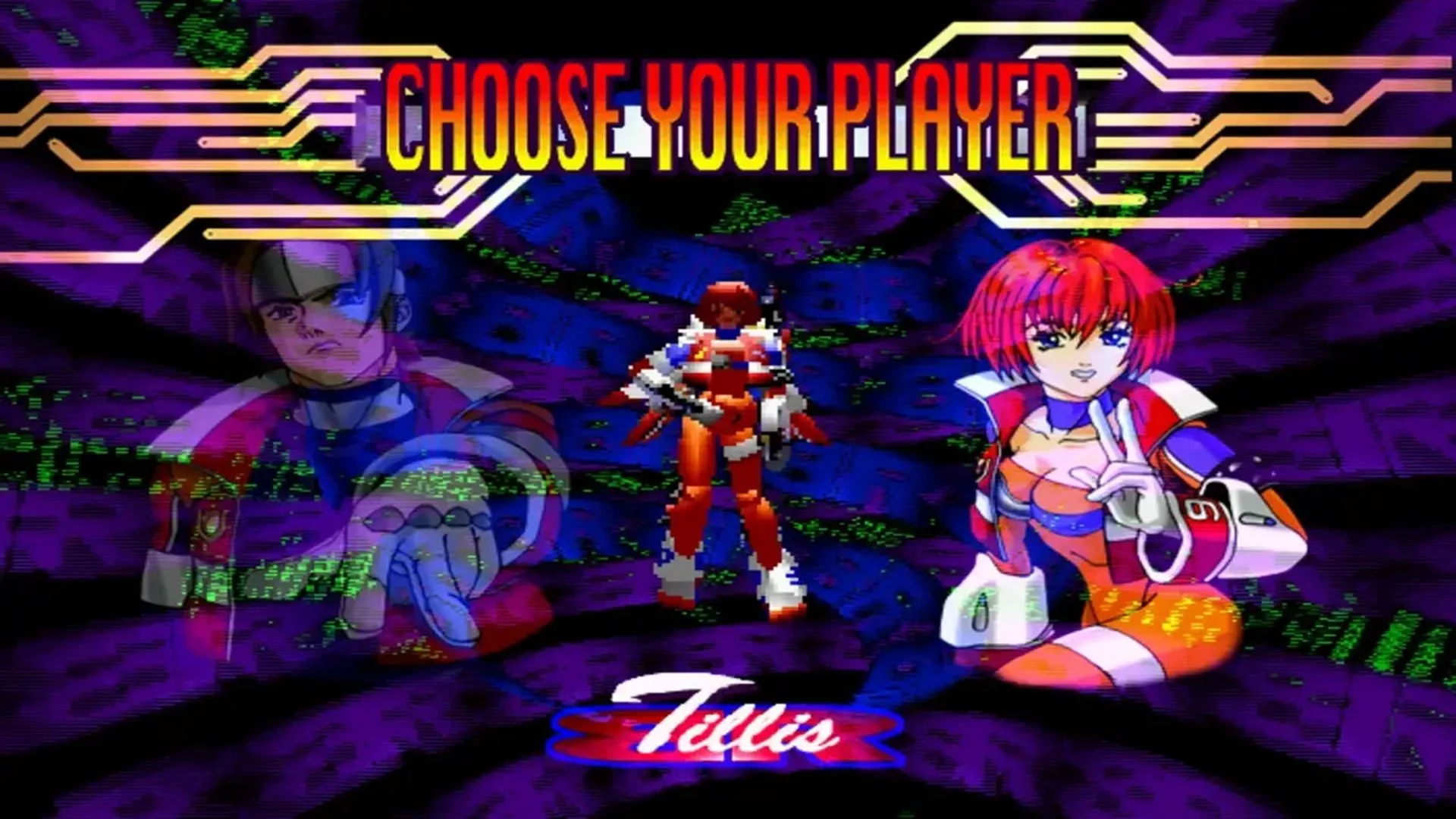 Màn hình chọn nhân vật trong Burning Rangers, game hành động giải cứu trên Sega Saturn với đồ họa màu sắc và âm nhạc độc đáo