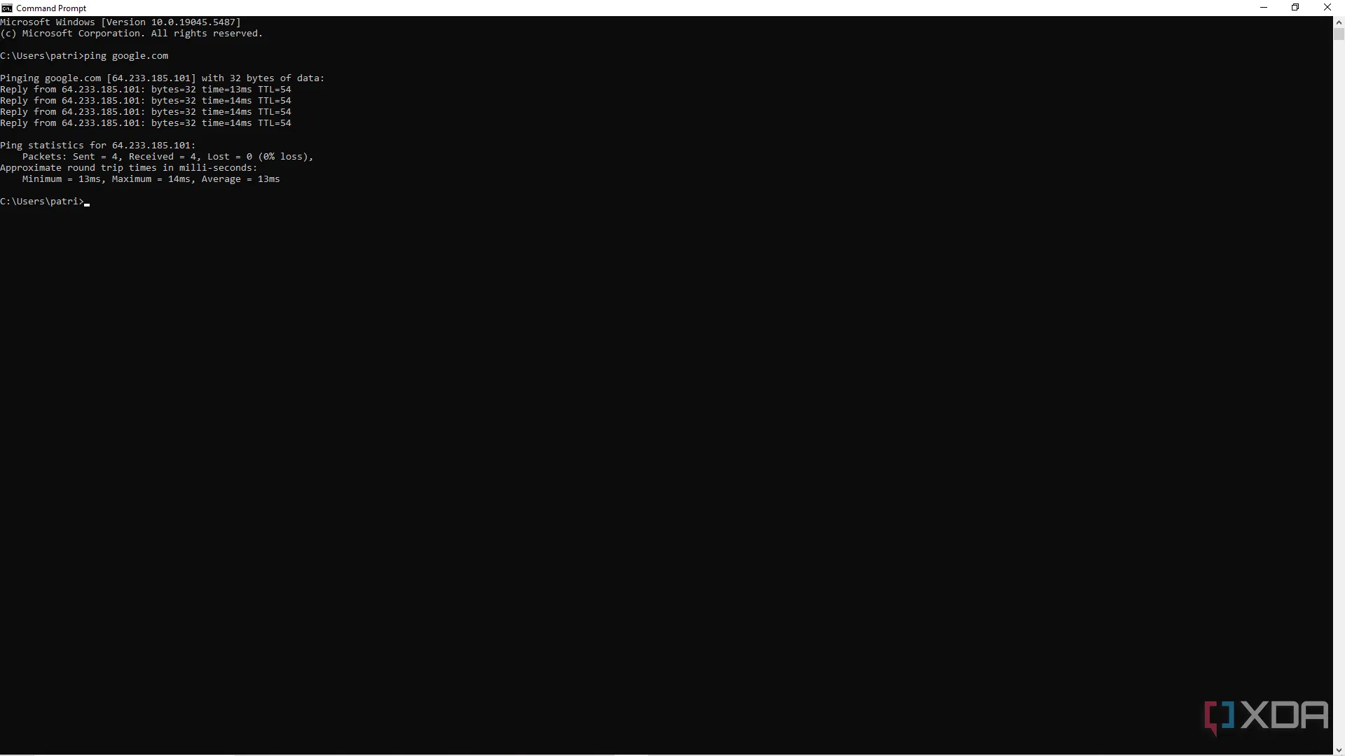Màn hình Command Line hiển thị kết quả của lệnh ping để kiểm tra kết nối mạng đến Google.