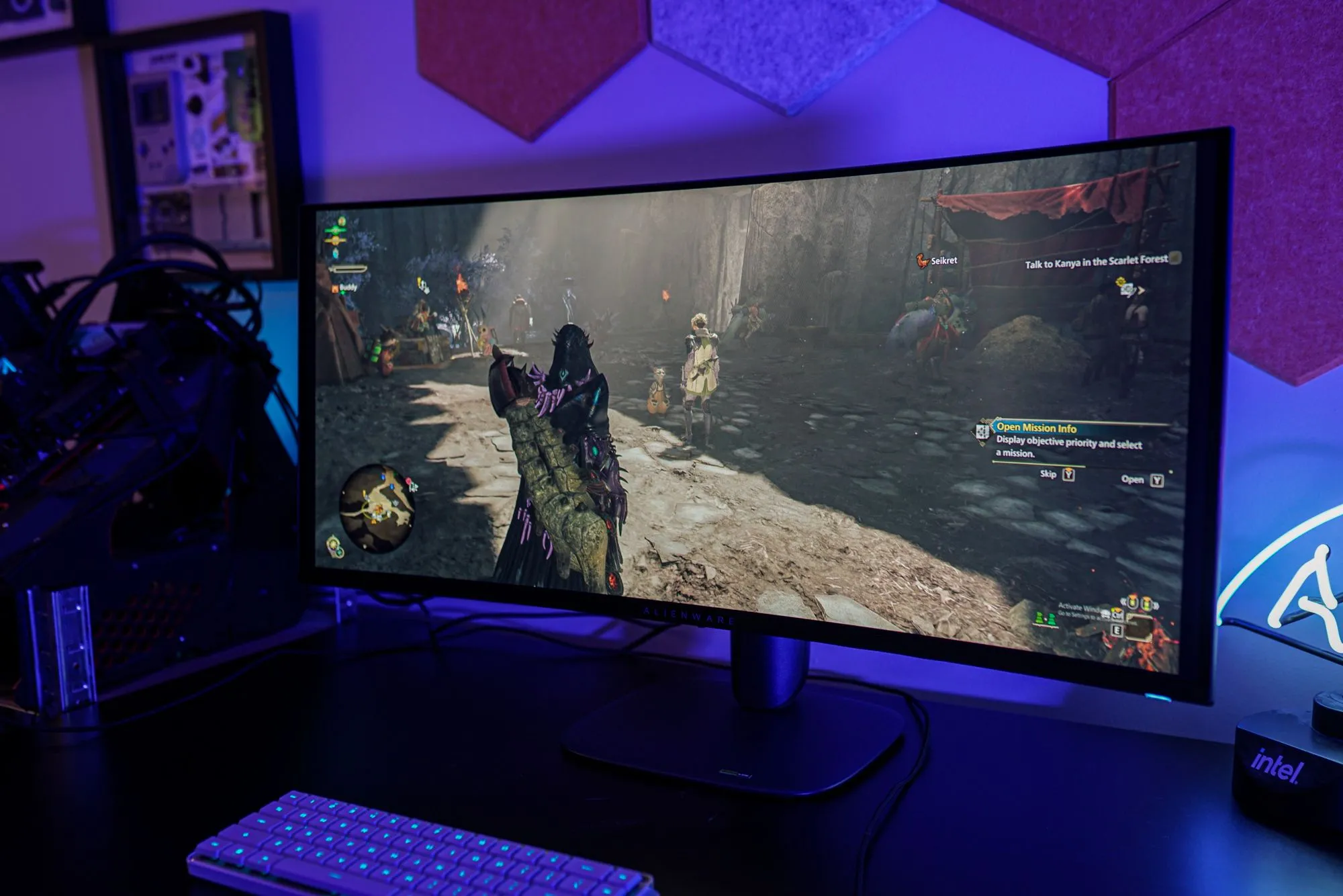 Màn hình cong Alienware OLED hiển thị trò chơi với đồ họa sắc nét, minh họa trải nghiệm gaming đỉnh cao.