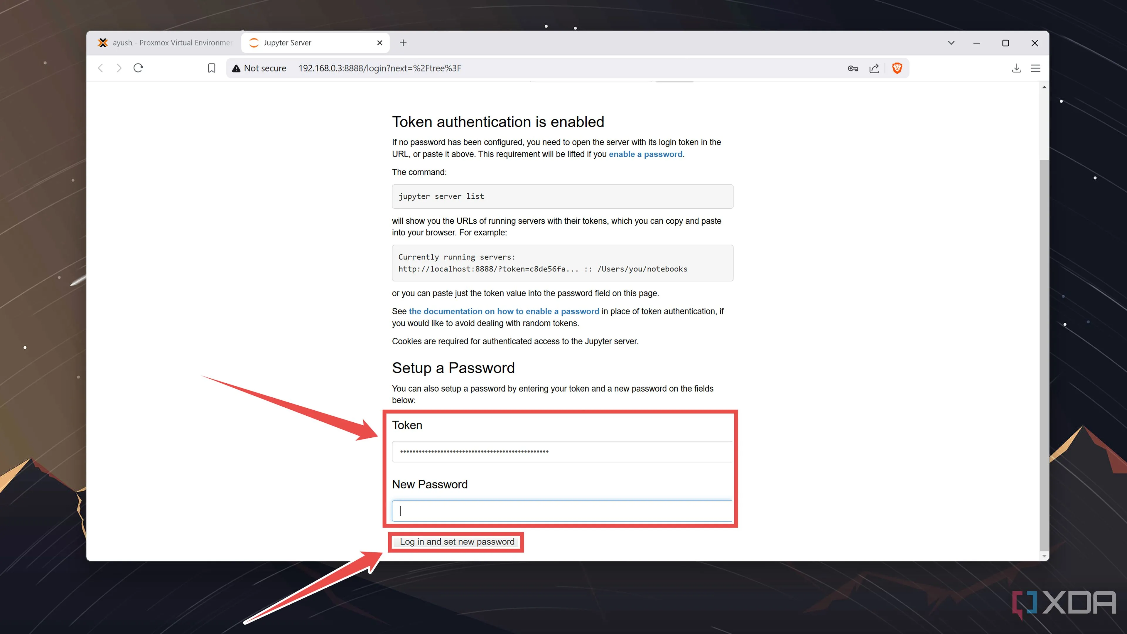 Màn hình đăng nhập giao diện web Jupyter Notebook, nơi người dùng dán token và thiết lập mật khẩu truy cập dashboard.