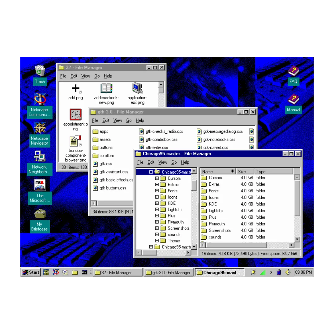 Màn hình desktop Chicago95 với giao diện quen thuộc của Windows 95, bao gồm thanh tác vụ, biểu tượng và menu Start